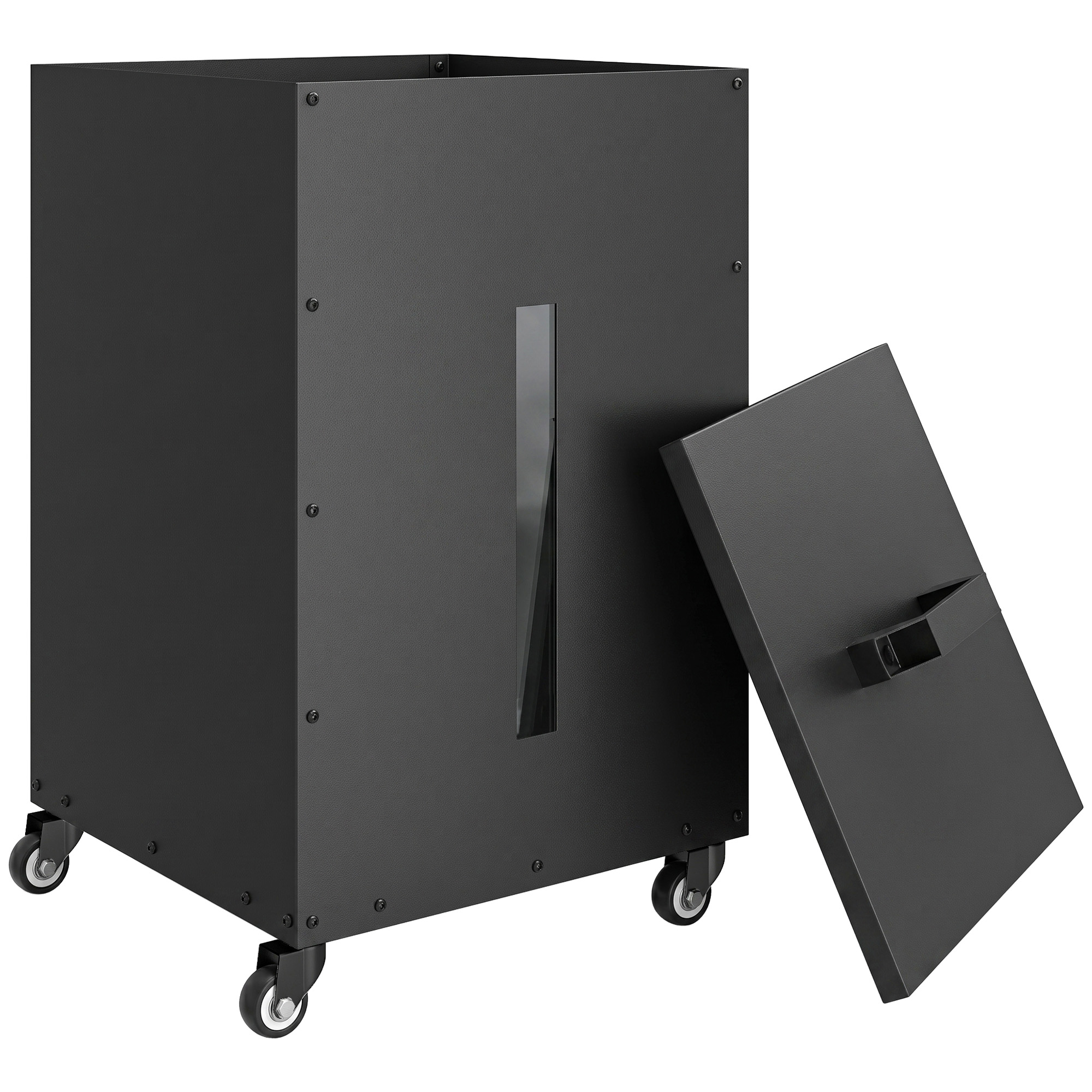 Outsunny Metall Pelletbehälter mit Rollen, 30 kg Pelletbox, Pelletlagerung mit Sieb 4 transparenten Füllstandsanzeigen, Granulatbox für Pelletofen, 36,5 x 36,5 x 61,5 cm, Schwarz   Aosom