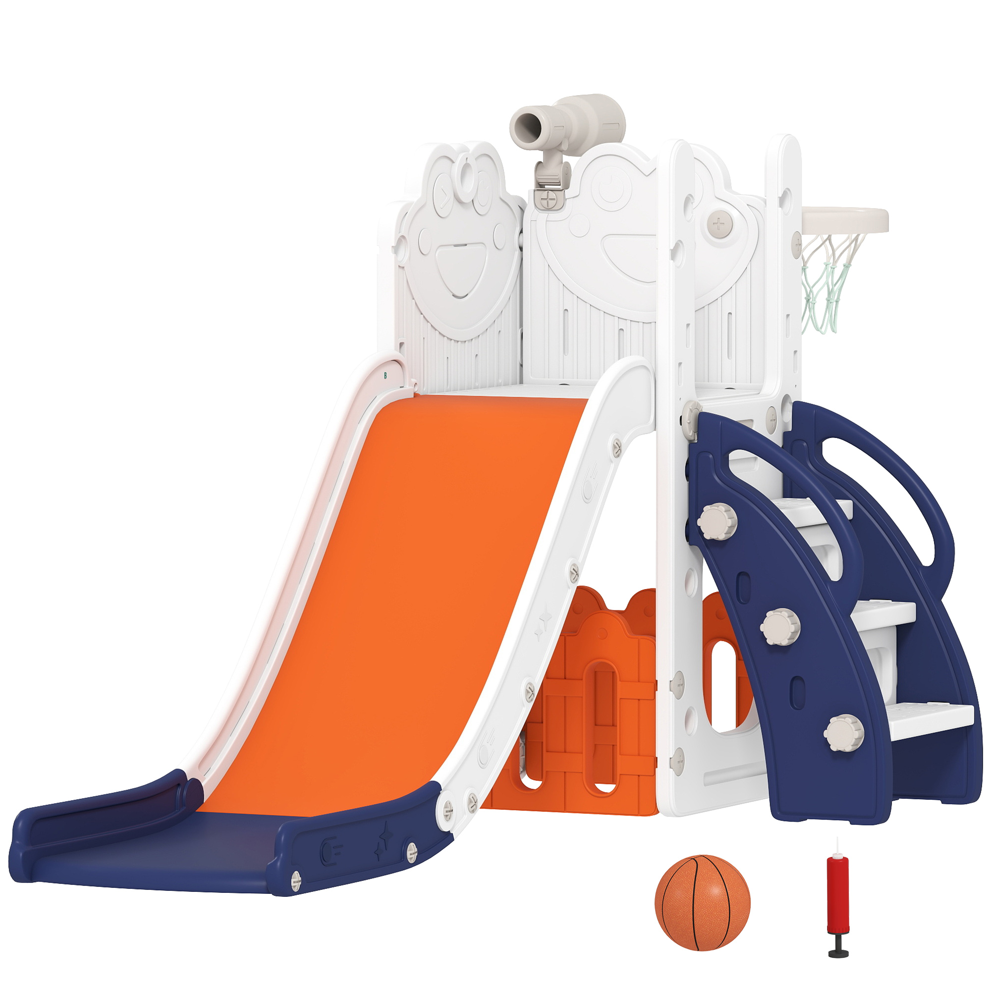 AIYAPLAY Kinderrutsche 5 in 1 Indoor und Outdoor Babyrutsche mit Basketballkorb, Klettergerüst, Spielteleskope, Stauraum, Frosch-Motiv Spielplatz für Kleinkinder 1-3 Jahre, Orange Aosom
