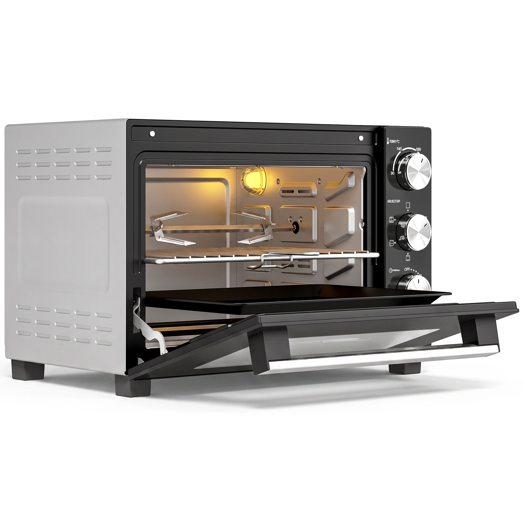 HOMCOM Mini Backofen mit Umluft, Drehspieß, 36L, 90–230℃, 60 Min. Timer, Drehspieß, Backblech und Grillrost, Minibackofen mit Vorheizfunktion, Doppelwandige Tür, 1500 W, Silber Aosom