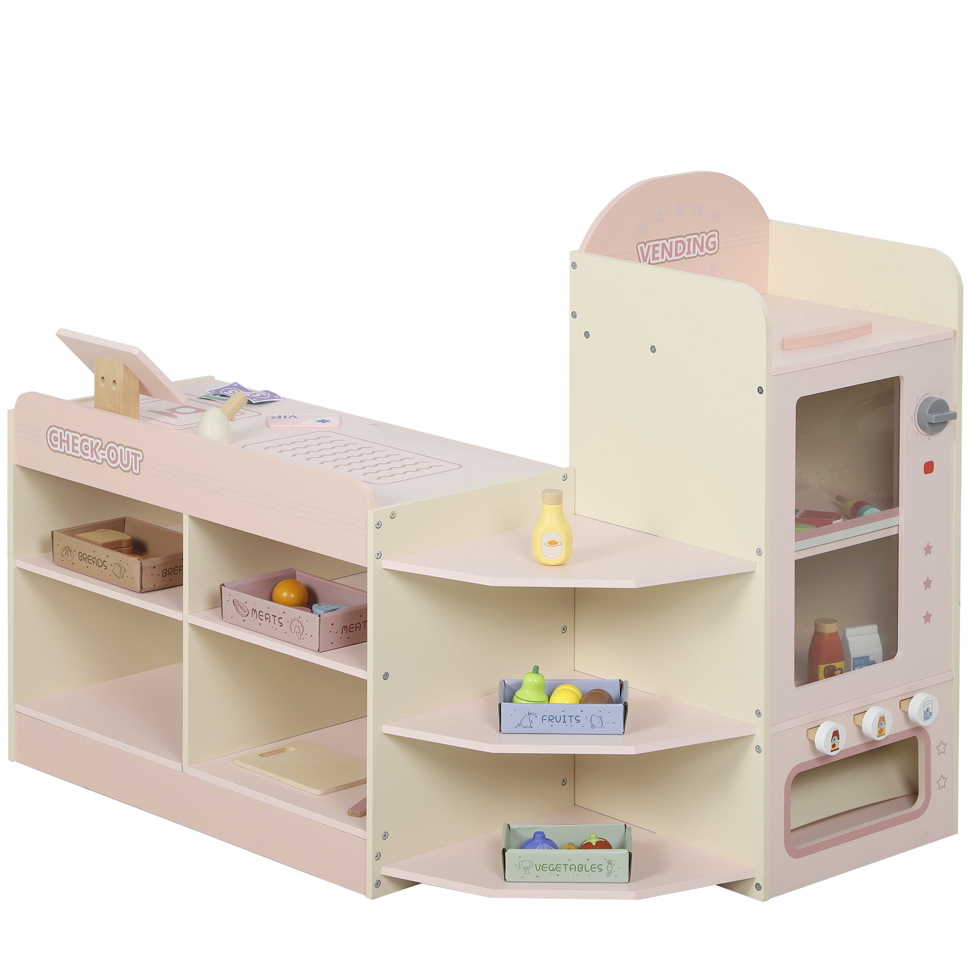 AIYAPLAY Kaufladen für Kinder Kaufladen Supermarkt mit Kasse Scanner Verkaufsautomat Regale offene Fächer Spielzubehör, Kinder Spielset Rollenspiele Geburtstag Spielzeug für Kinder ab 3 Jahren Rosa Aosom