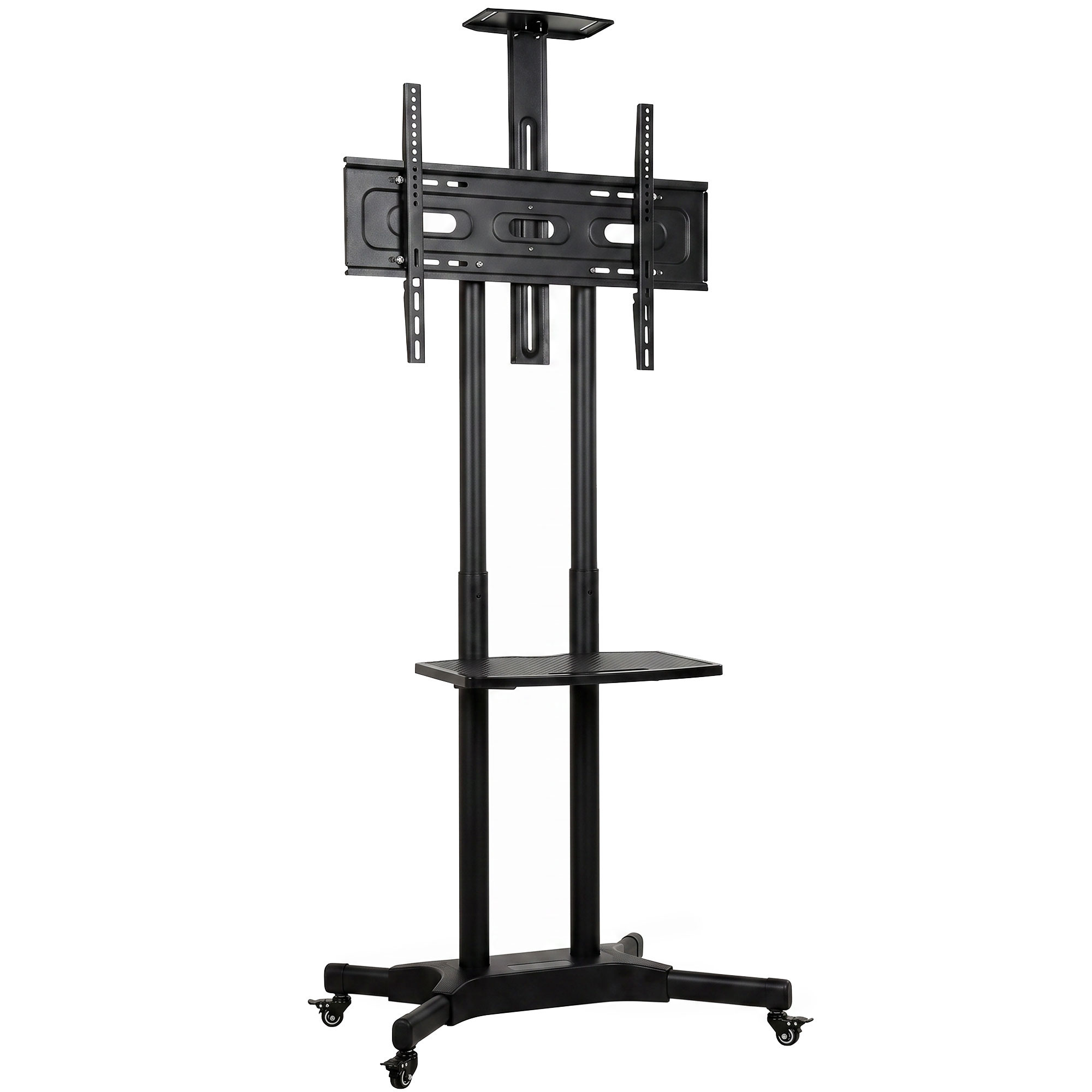 HOMCOM TV Ständer Rollbar für 32-75 Zoll Fernseher, Höhenverstellbarer Fernsehständer mit Feststellbaren Rollen, Bodenständer mit 2 Ablagen, Metall, max. VESA 400 x 600 mm, Schwarz Aosom
