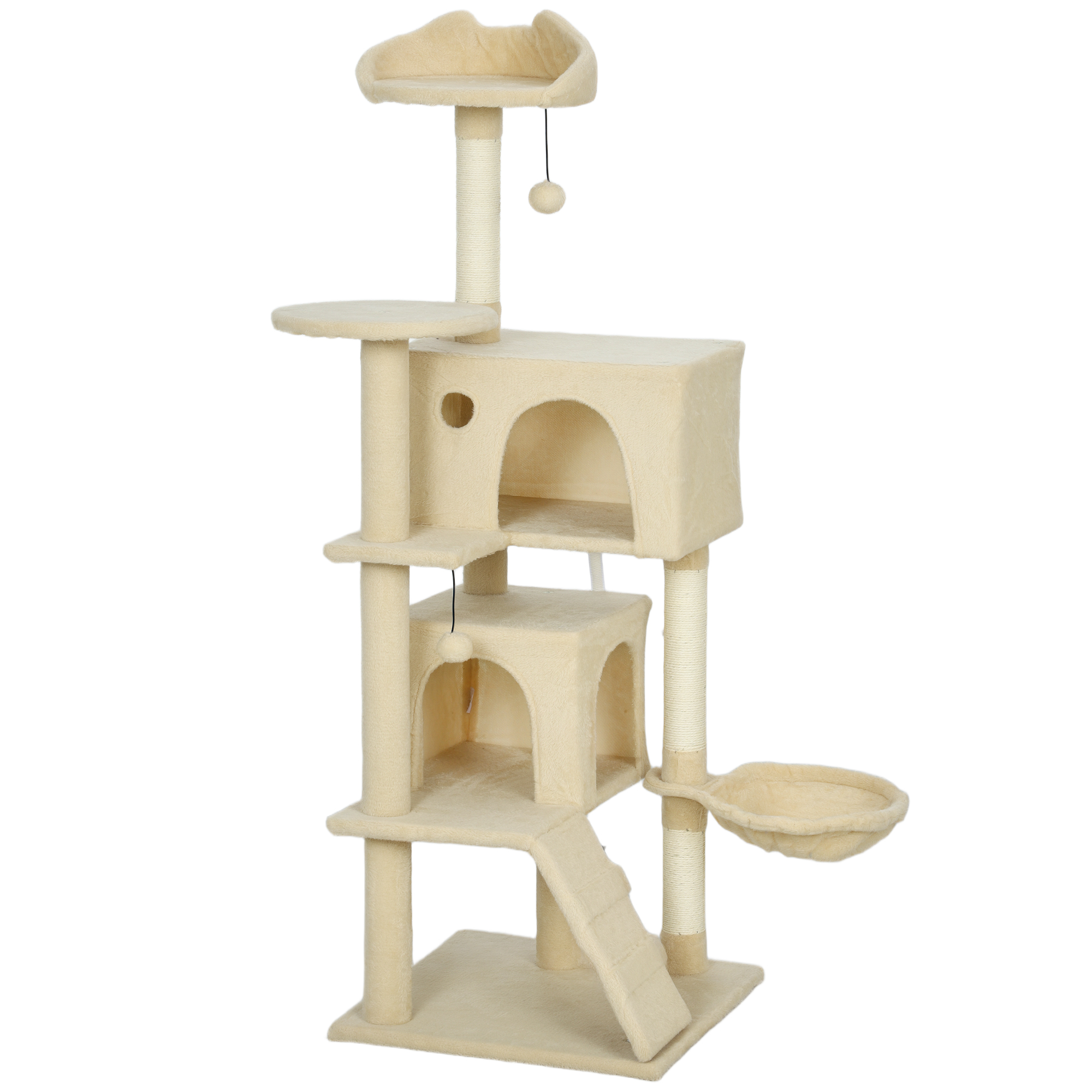 PawHut Kratzbaum 140 cm Katzenturm mit Hängematte, Leiter, Höhle, 2 Plüschballen, Sisalstämme, große Plattform, mehrstöckiger Katzenkratzbaum, Kletterbaum, für Katzen unter 5 kg, Beige   Aosom