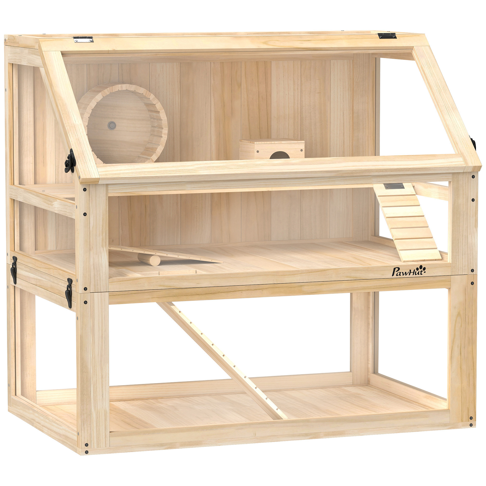 PawHut Hamsterkäfig aus Holz 3 Etagen Nagarium Nagerkäfig Kleintierkäfig mit klappbarem Deckel Laufrad und Zubehör, Kleintierstall Holzkäfig Käfig für Hamster Zwerghamster 80 x 50 x 76 cm Naturholz Aosom