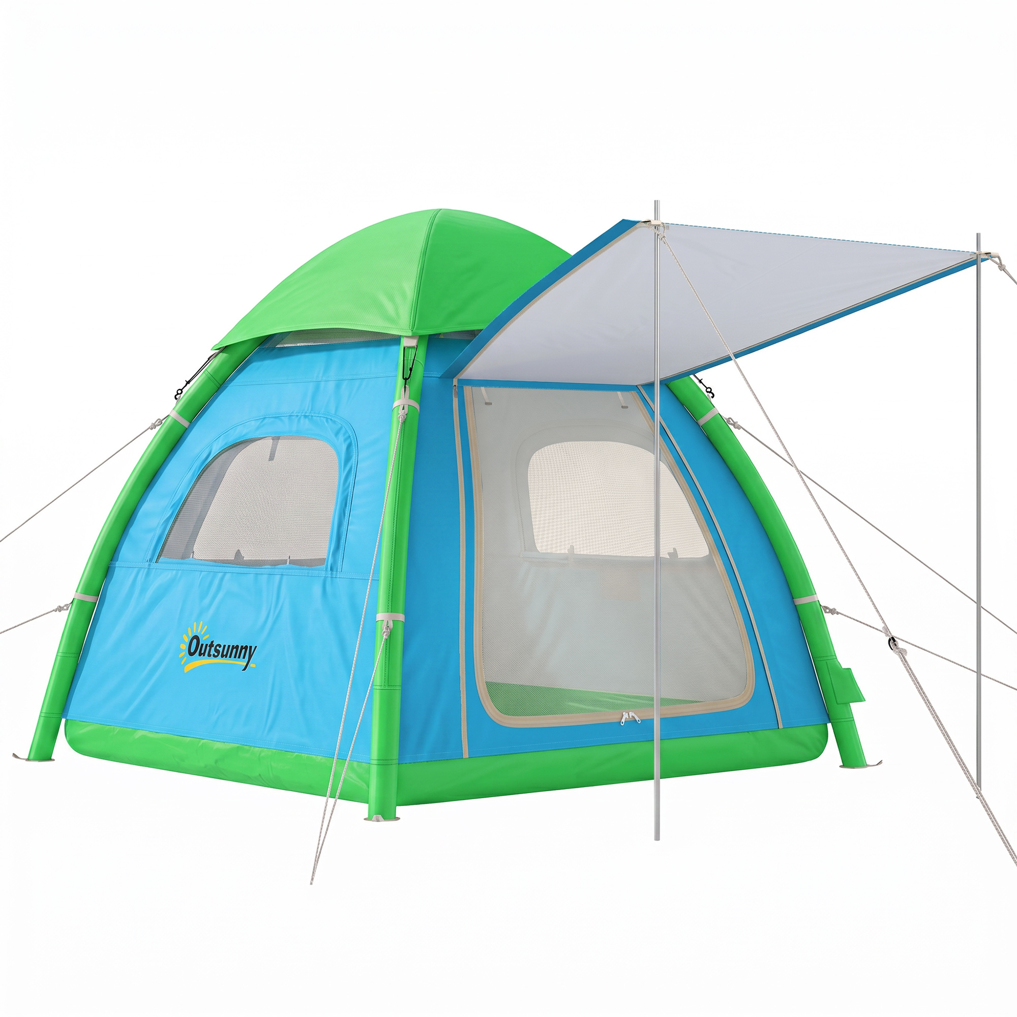 Outsunny Aufblasbares Zelt 3 Personen Schneller Aufbau Outdoor Camping Zelt mit Luftpumpe Meshfenster abnehmbar Dach fluoreszierend Heringen Stehhöhe Vordach 3000 mm Wassersäule Air Glamping Zelte Aosom
