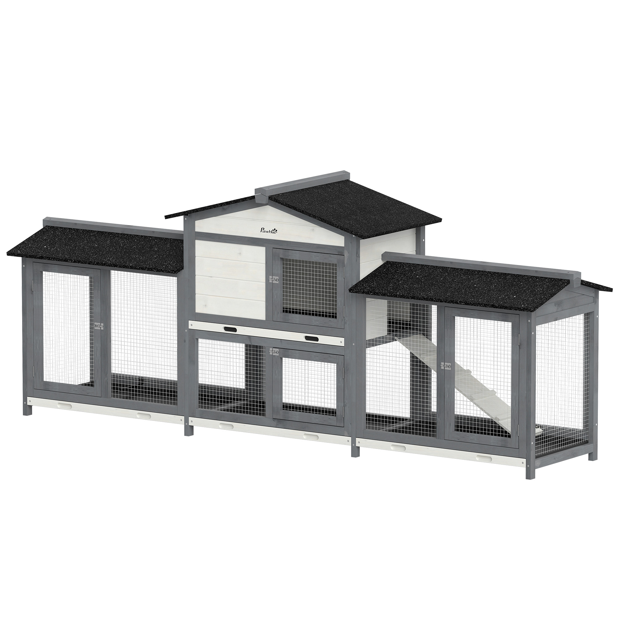 PawHut Hasenstall 2 Etagen Kaninchenstall Holz 230 x 53 x 93,5 cm Winterfest Kaninchenkäfig mit Asphaltdach Freilaufgehege herausziehbarer Wannen Rampe Türen draußen Hasenkäfig für 2-4 Zwergkaninchen Aosom