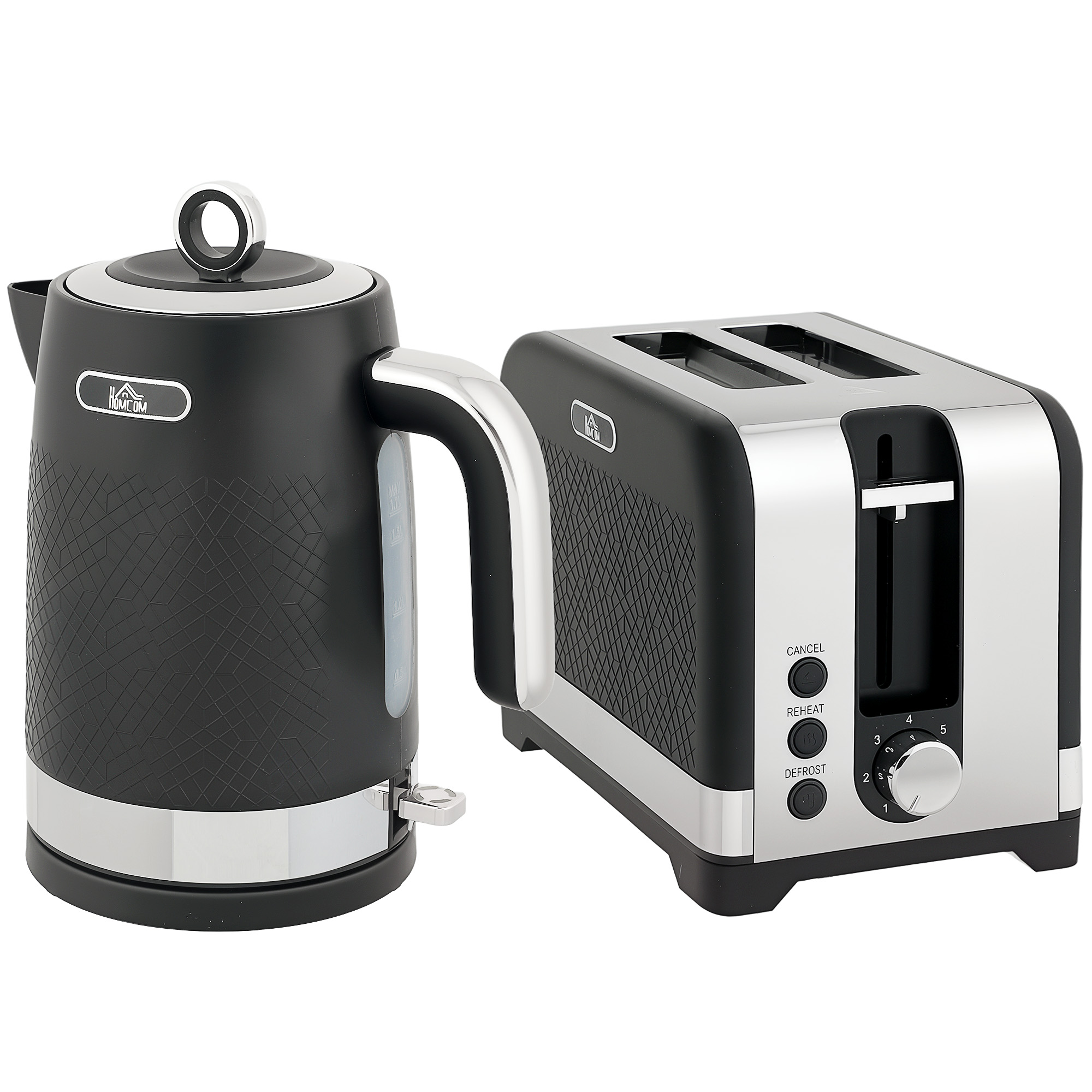 HOMCOM Wasserkocher- und Toaster-Set, 1,7 l 2200 W Schnellkoch-Wasserkocher mit Thermostat und Kalkfilter, 2-Scheiben-Toaster mit 7 Bräunungsstufen, Krümelschublade, Schwarz Aosom