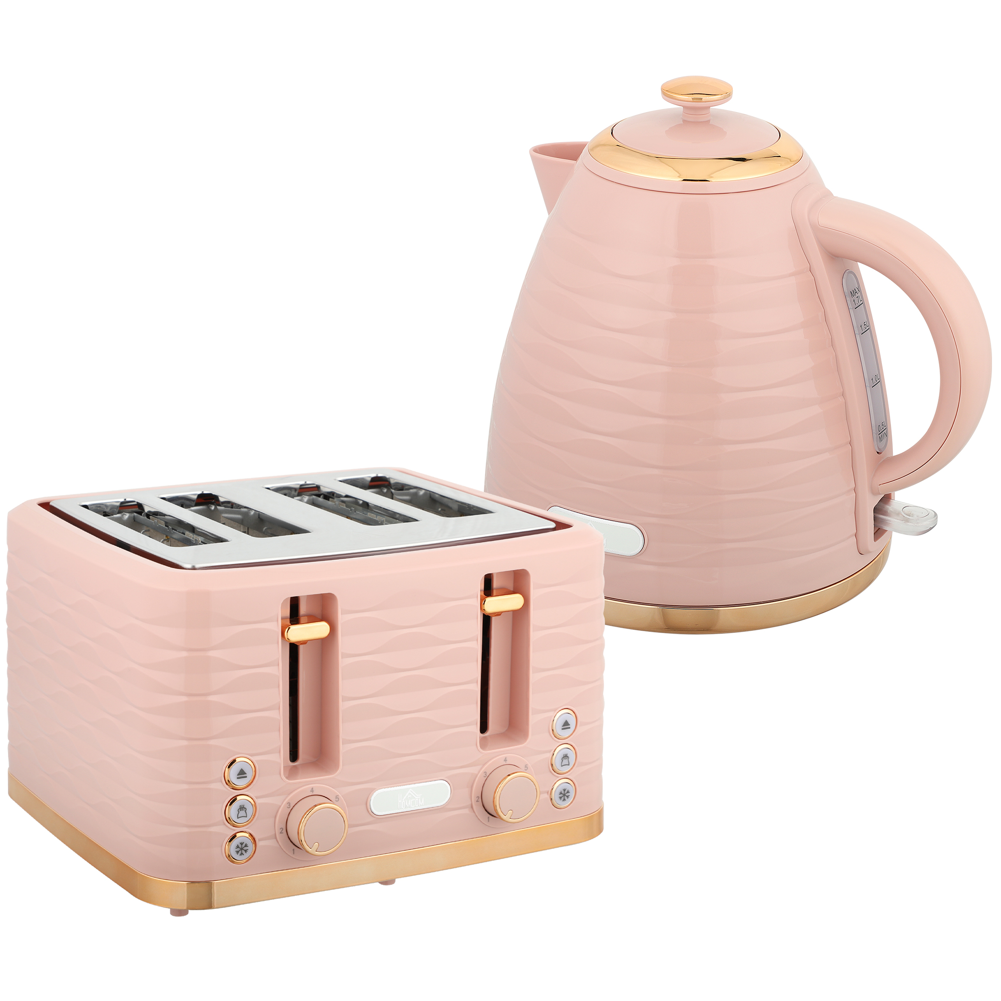 HOMCOM Wasserkocher Toaster Set Frühstück-Set mit 1,7L Wasserkocher, 4 Scheiben Toaster, 2200 W, 7 Bräunungsstufen, Auftauen, Aufwärmen und Krümelfach, UK Otter Thermostat, Rosa Aosom
