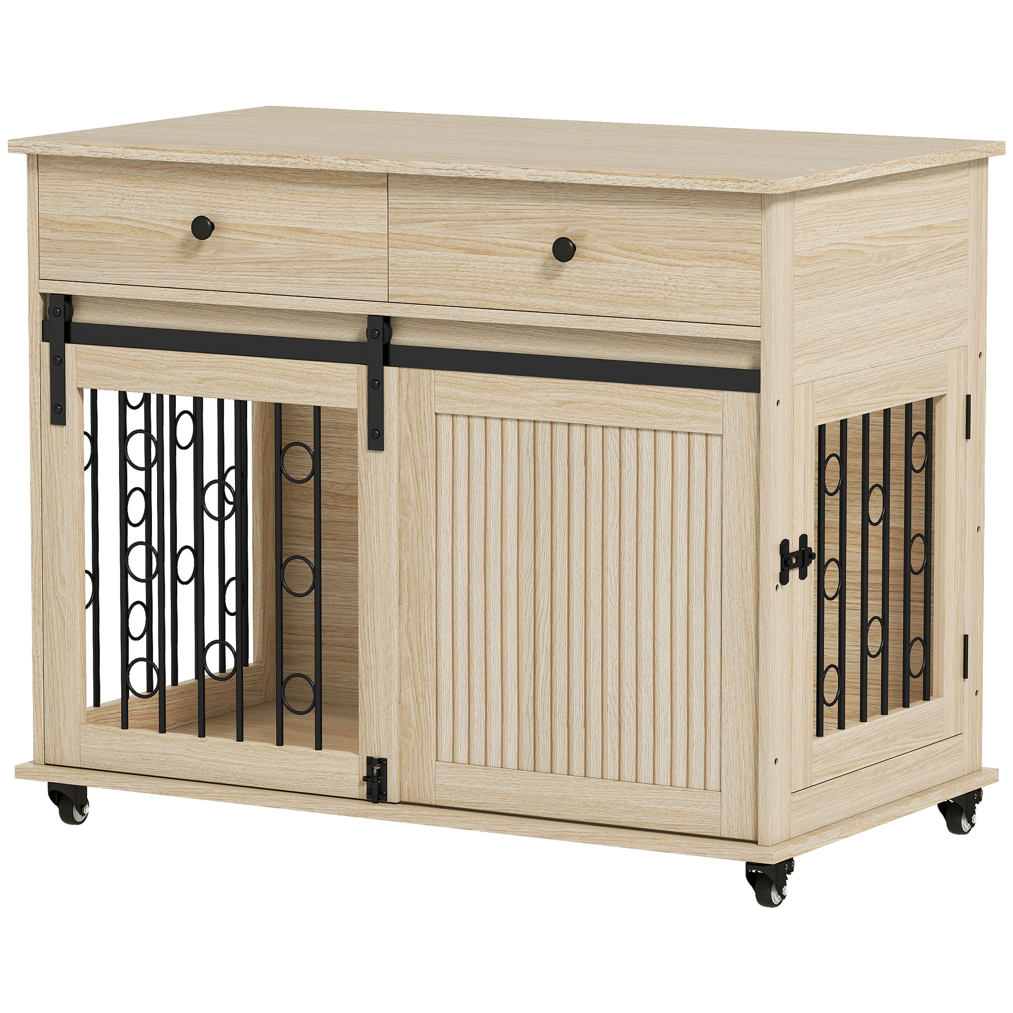PawHut Hundekäfig 100 cm Hundebox für Zuhause mit Rollen, Schublade, Schiebetür, Abschließbare Seitentür Hundehütte für Mittelgroße, Große Hunde, Eiche Aosom