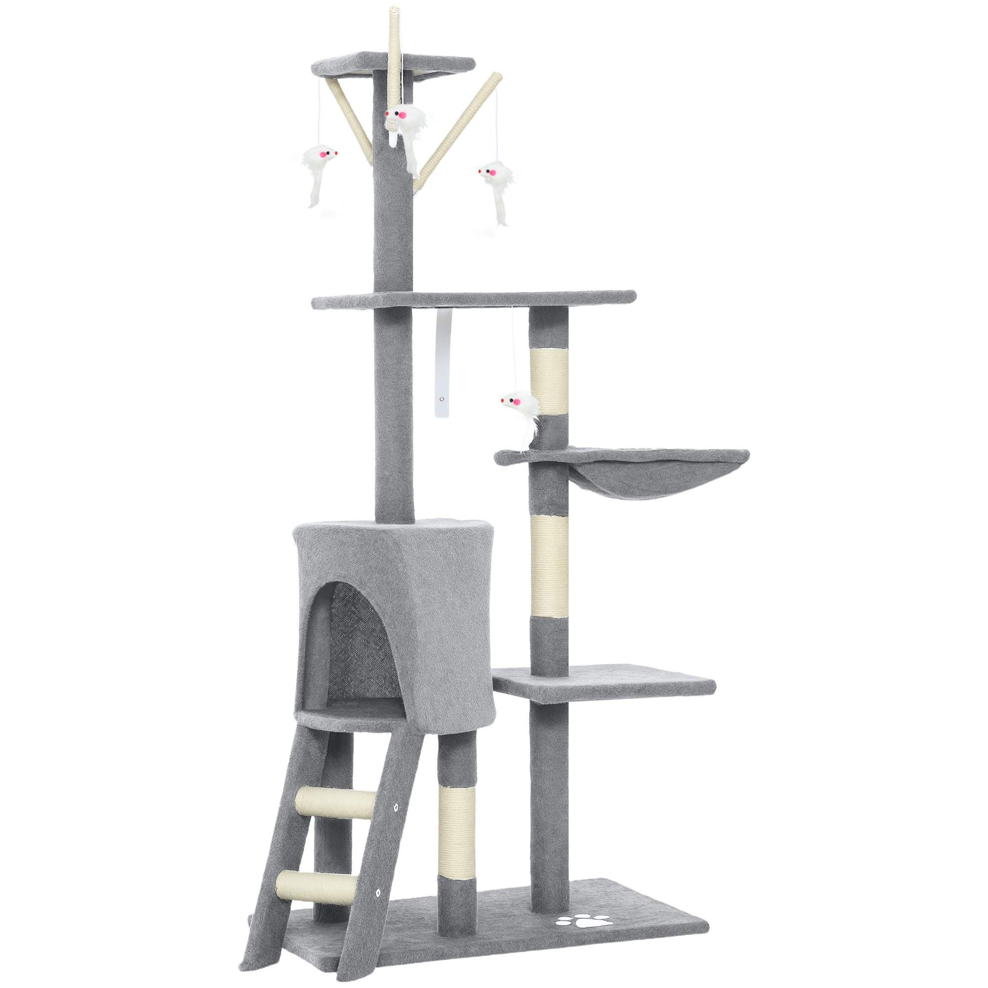 PawHut Kratzbaum 134 cm hoch Katzenbaum mit Höhle, 4 Spielzeuge, Sisalstämme, große Plattform, Treppe, mehrstöckiger Katzenkratzbaum, Kletterbaum, Plüsch, für Katzen unter 5 kg, Grau Aosom