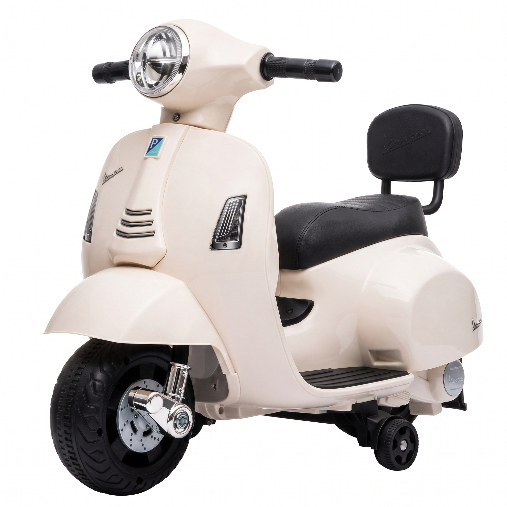 AIYAPLAY Elektro Motorrad Kinder Mini Vespa GTS 6V Elektromotorrad mit Lithium-Akku Ergonomischer Sitz Rückenlehne Kindermotorrad mit Stützrädern Scheinwerfer Motorrad für Kinder 1,5-3 Jahren, Weiß Aosom