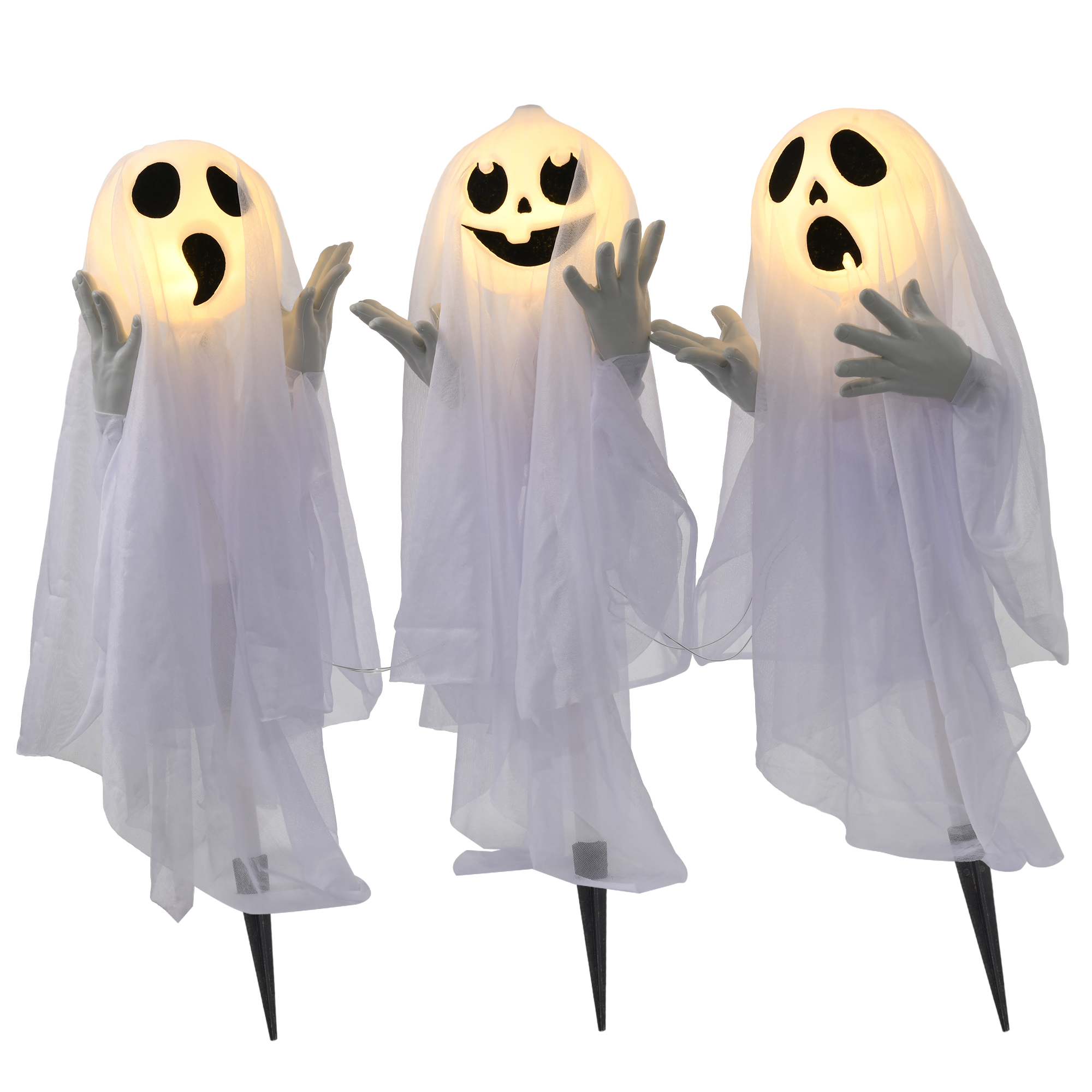 HOMCOM 60cm 3er-Set Halloween Dekoration Halloween-Geister-Hofpfählen mit LED-Lichter verstellbare Arme Halloween-Außendekoration für Rasen, Garten Stahl, Weiß Aosom