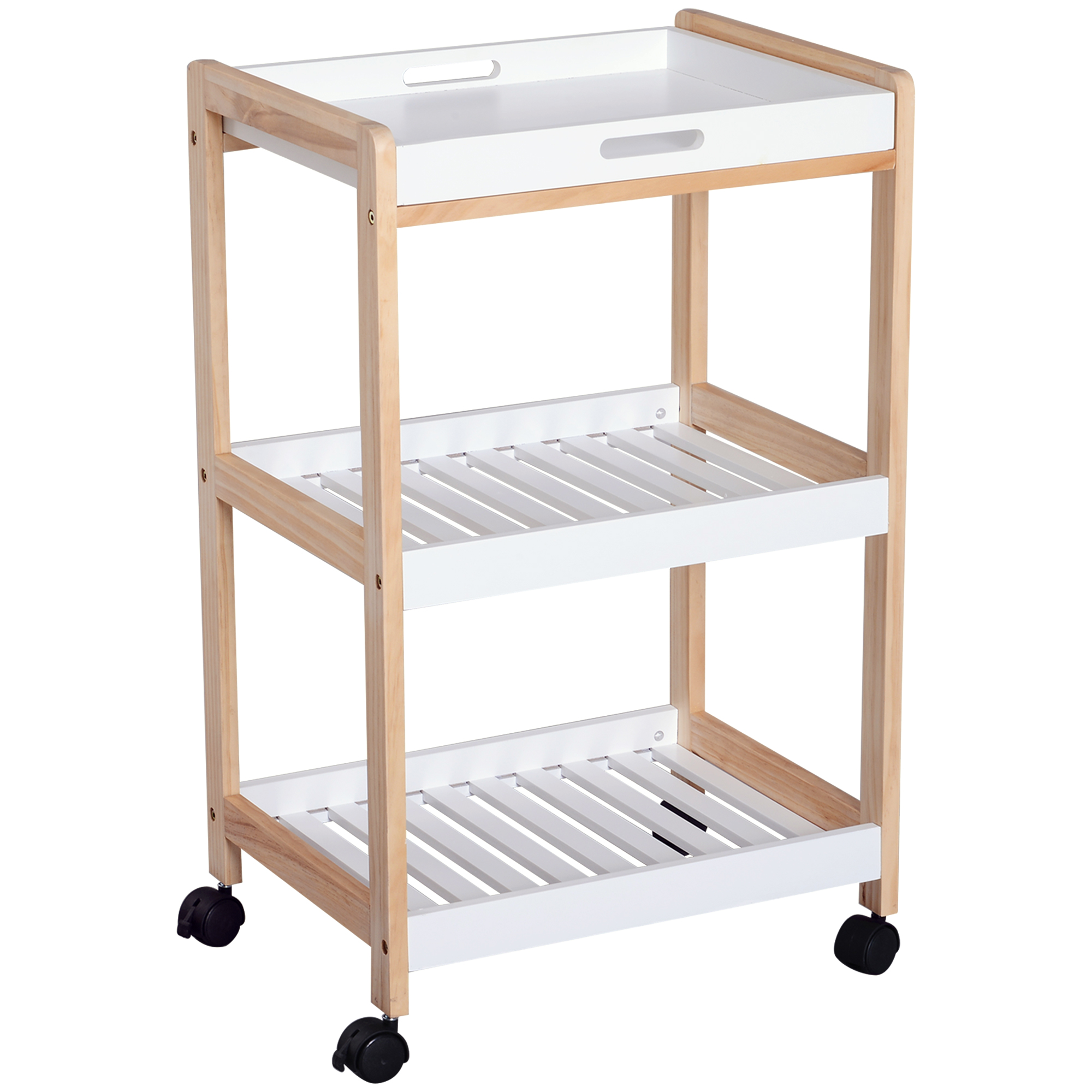 HOMCOM Küchenrollwagen Küchenwagen rollbar Küchentrolley Servierwagen abnehmbares Tablett Bambus + MDF Weiß + Natur 46 x 35 x 74,5 cm Aosom