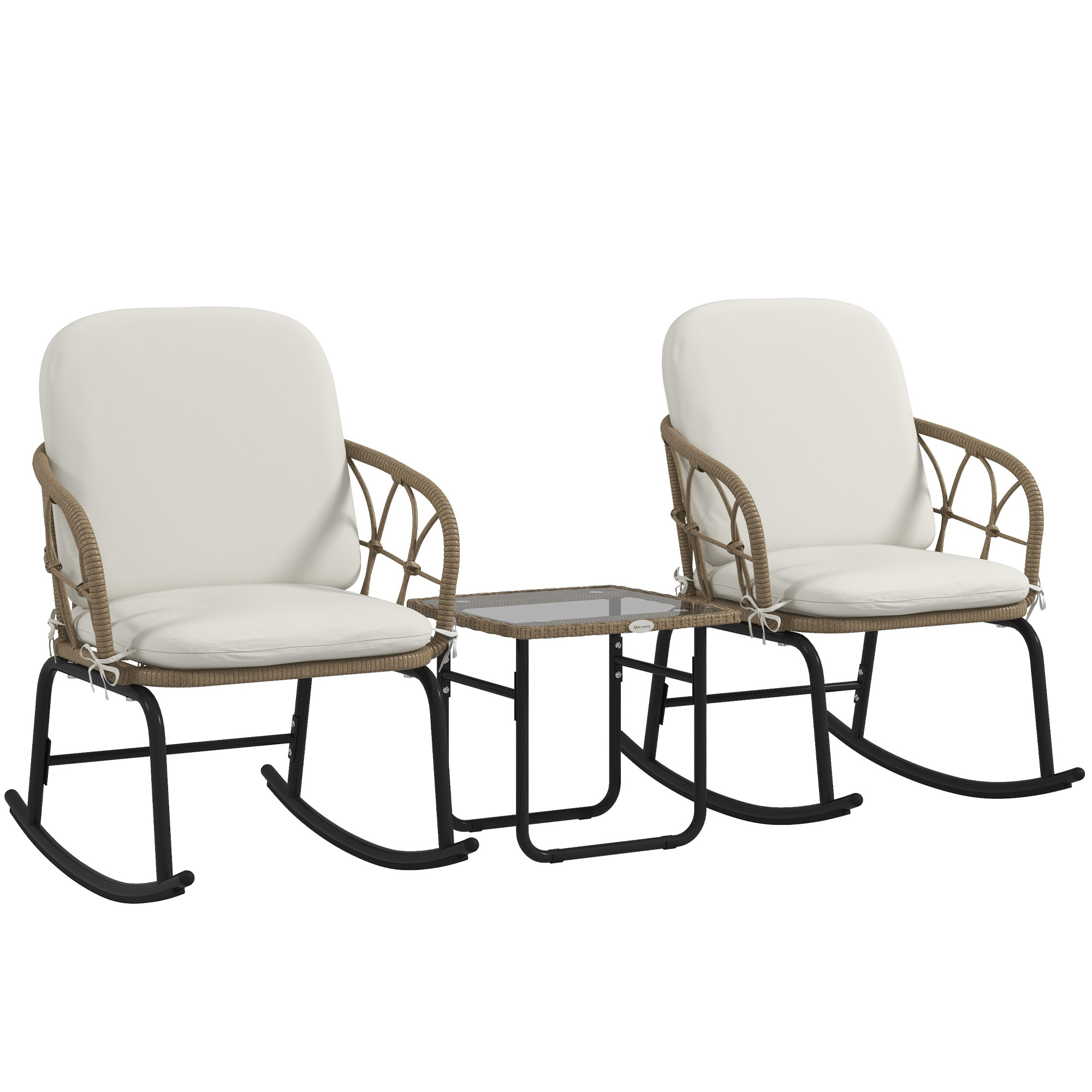 Outsunny 3-tlg. Rattan Schaukelstuhl-Set mit 2 Schaukelstühlen & 1 Couchtisch, Gartenmöbel-Set mit Kissen für Terrasse & Balkon Aosom.de