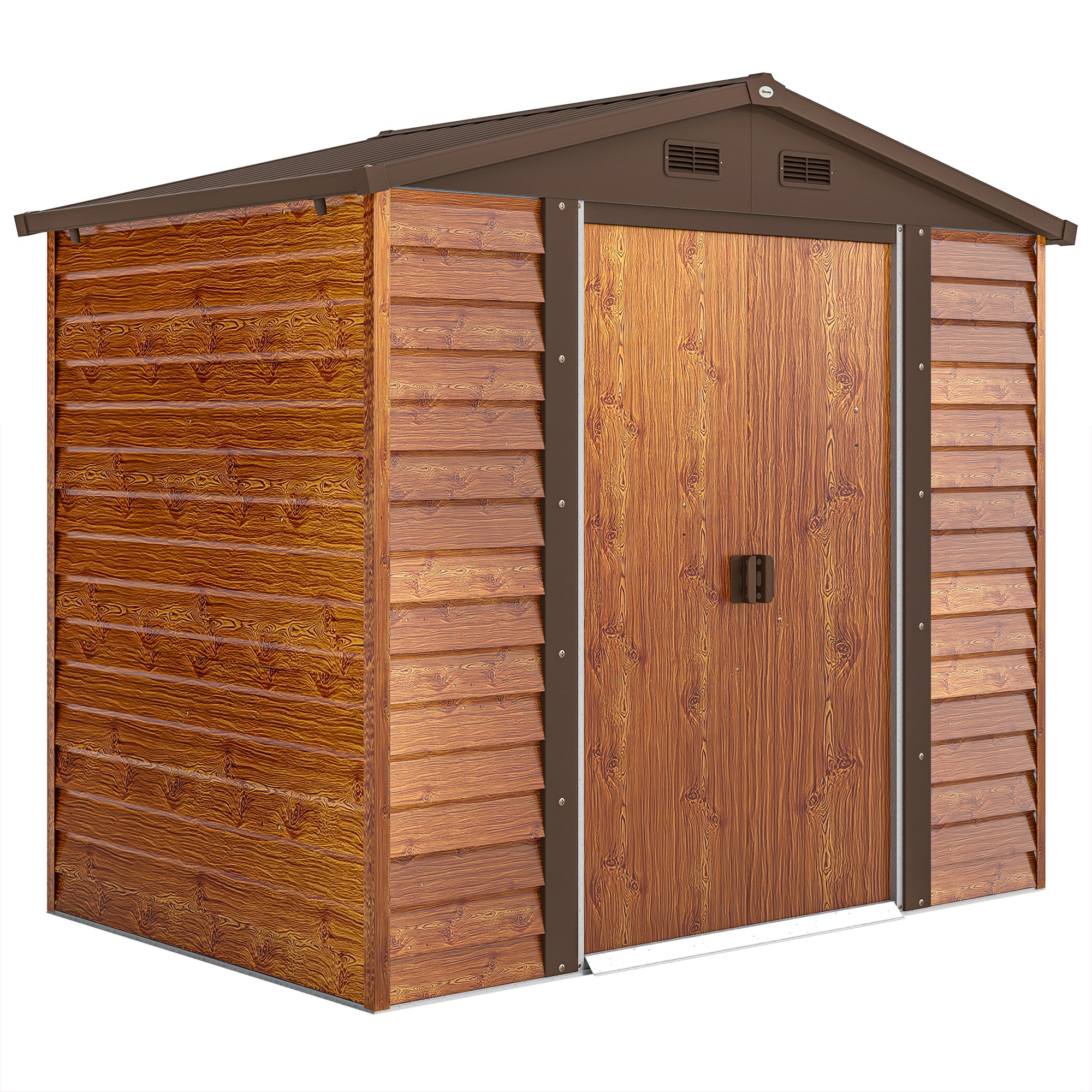 Outsunny Gerätehaus Metall im Holzoptik 3 m² 152 x 235,7 x 208,7 cm Geräteschuppen mit Satteldach Fenster Doppel Schiebetüren wetterfest Gartenhaus Outdoor Garten Schuppen für Hinterhof Braun Aosom