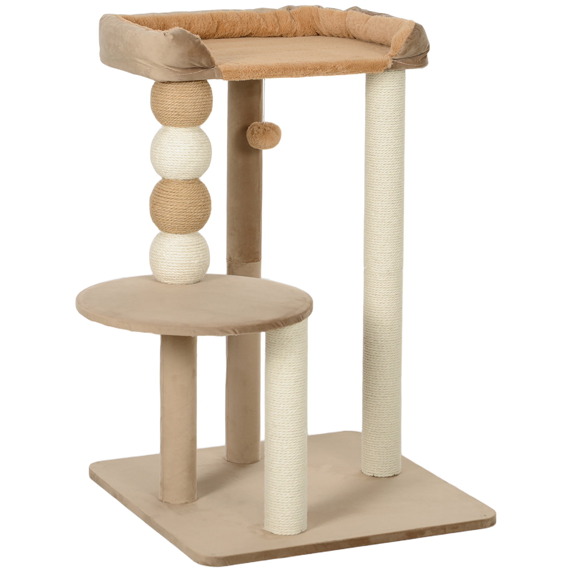 PawHut Kratzbaum 86 cm Katzenbaum mit Sprungplattform, Bett, Spielball, Katzenkratzbaum mit Jute-Kratzsäulen, für Katzen bis 7 kg, Kaffee Aosom