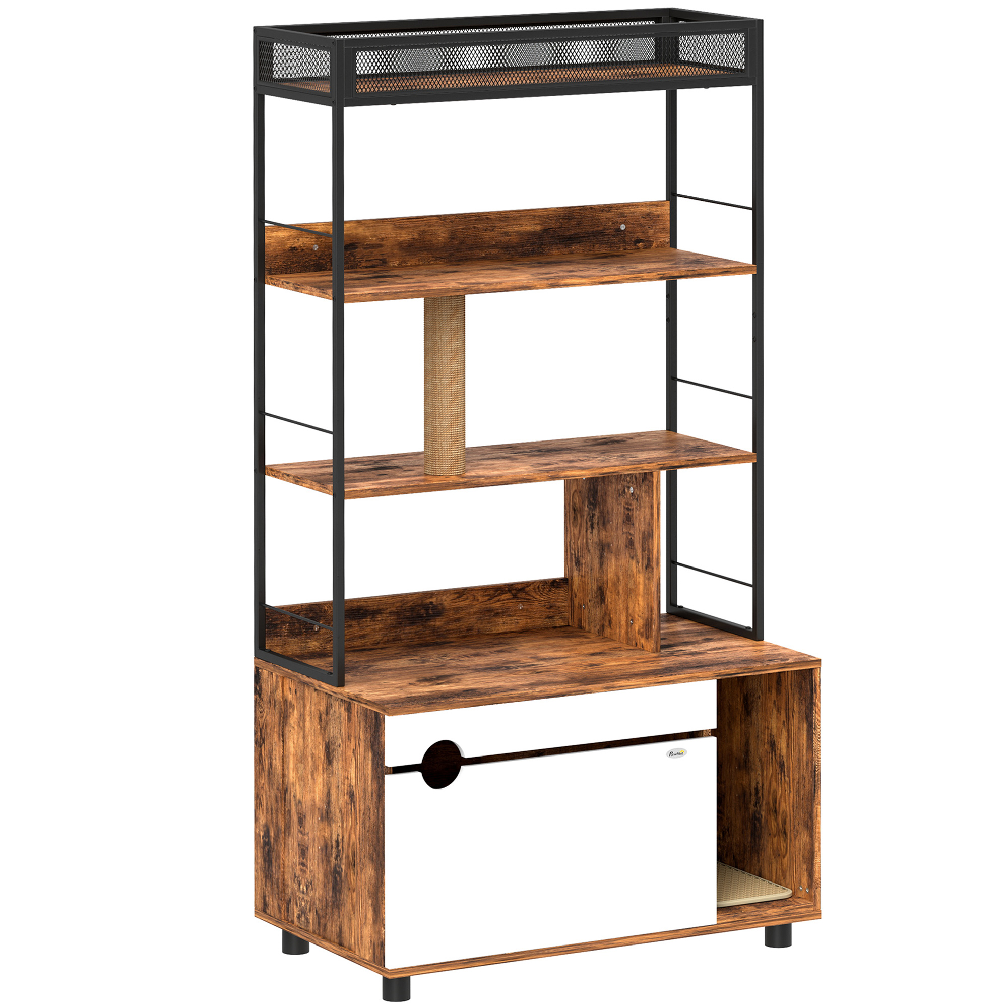 PawHut 2-in-1 Katzenklo Schrank, Katzenklo mit 3-Ebenen-Regal, Kratzpfosten, Klapptür, Katzenhaus für Katze unter 6 kg, 80 x 48 x 152 cm, Rustikal-Braun Aosom