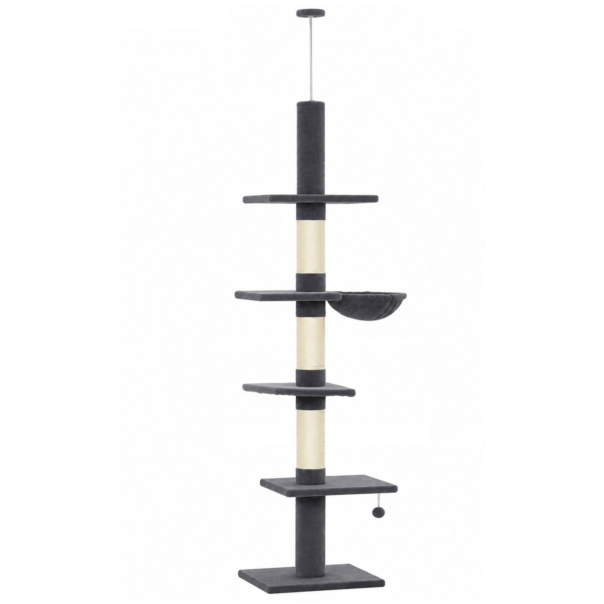 PawHut Kratzbaum Deckenhoch 225-255 cm höhenverstellbar Katzenbaum mit 5 Etagen 3 dicke Sisal-Kratzstämmen, Hängematte, Plattformen & Spielball Katzenkratzbaum für Katze unter 6 kg, Dunkelgrau Aosom