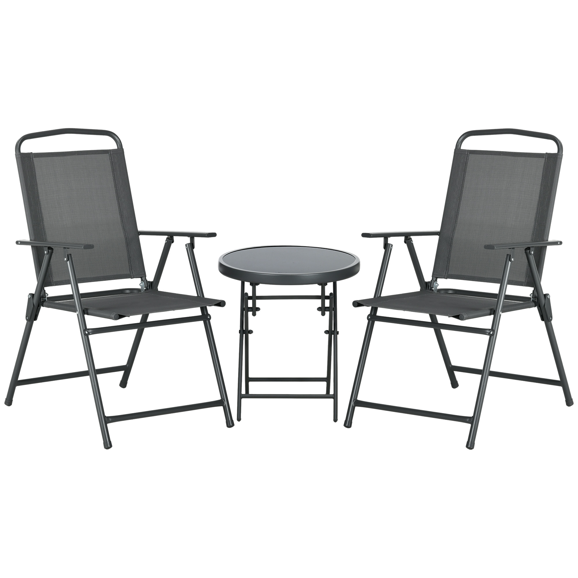 Outsunny Bistro-Set 3-teilig aus Metall Wetterfest Gartenmöbel Set mit klappbar Glastisch Gartenstühlen Outdoor Balkonmöbel Set Sitzgruppe Balkonset Gartengarnitur Dunkelgrau Aosom