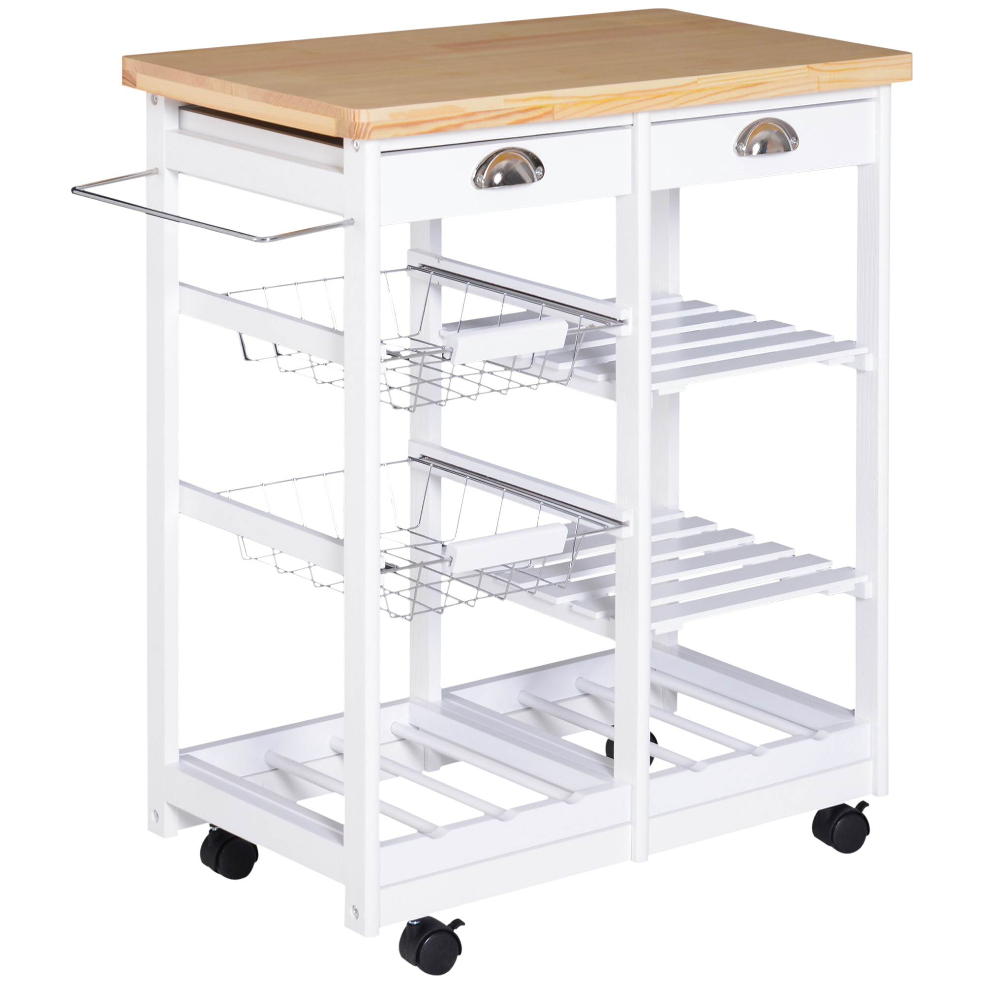 HOMCOM Küchenwagen Servierwagen mit Korb Schublade und Weinablage, rollbar aus Holz in Weiß 74x37x76 cm für Küche und Esszimmer Aosom.de