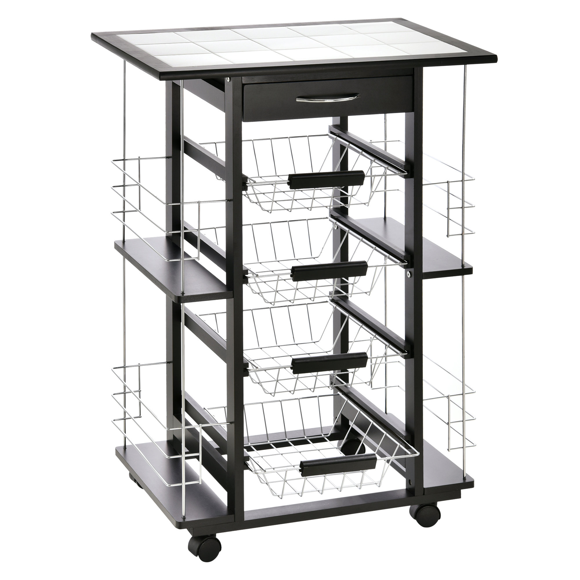 HOMCOM Servierwagen auf Rollen, Küchenwagen, Rollwagen, Arbeitsplatte aus Kiefer, Schwarz, 57 x 37 x 83 cm Aosom