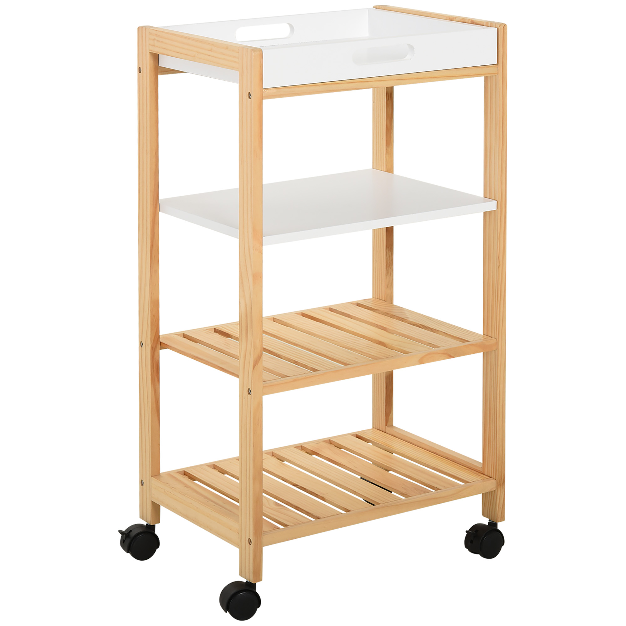 HOMCOM Küchenwagen Servierwagen mit Ablage, abnehmbares Tablett, Kiefer, Weiß+Natur, 40x30x76cm Aosom