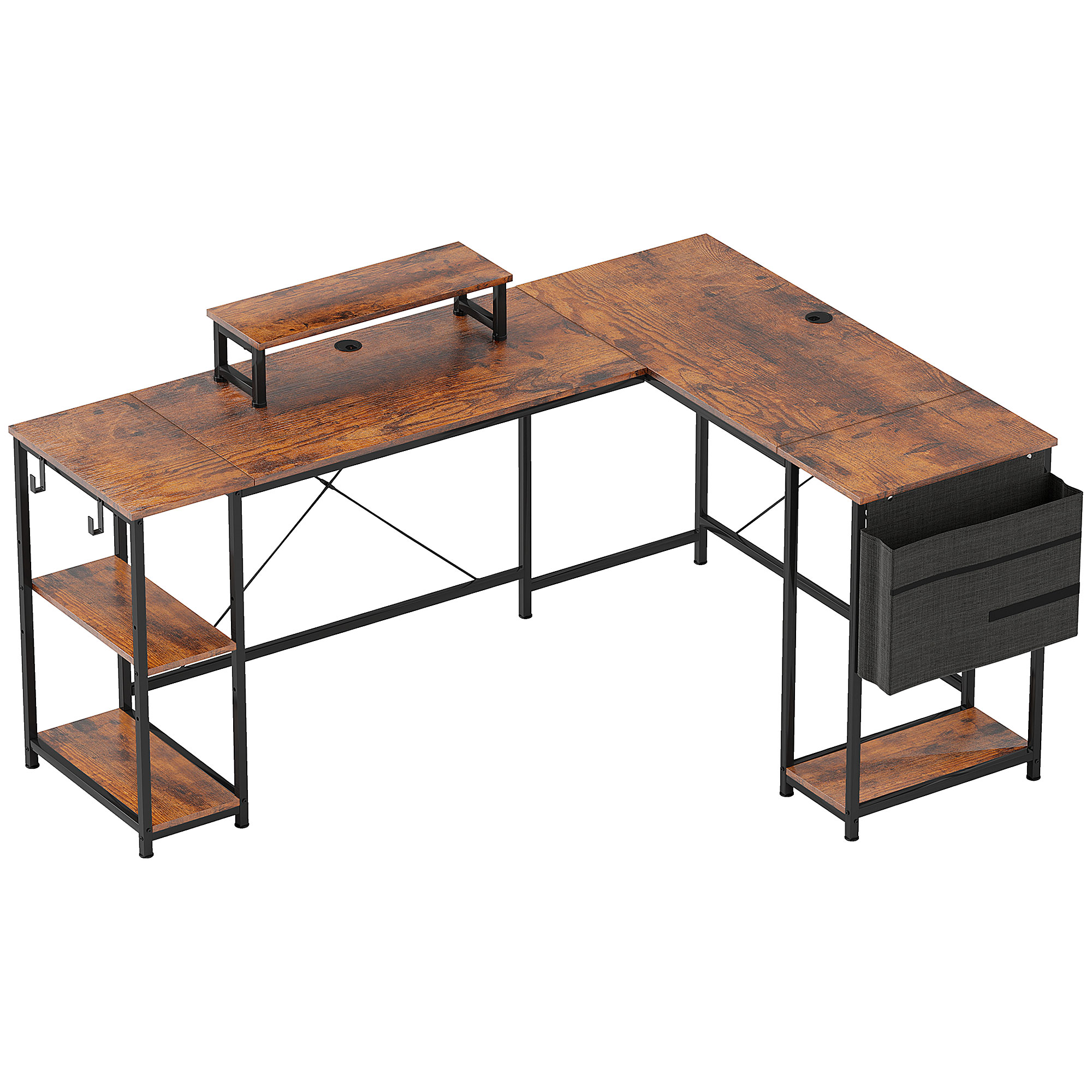HOMCOM L-förmiger Schreibtisch 168 x 120 cm Eckschreibtisch mit Ablagefächern, Aufbewahrungstasche Umkehrbar Computertisch mit Monitorständer GamingTisch für Büro, Heimbüro, Rustikal-Braun Aosom