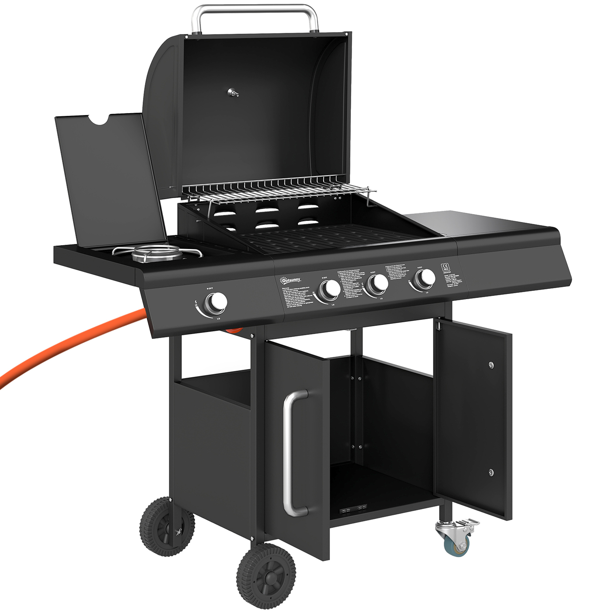 Outsunny Gasgrill 12,2 KW 3+1 Brenner BBQ Grillwagen aus Edelstahl inkl Rolle Seitenbrenner Thermometer Grillrost Kochfeld Seitentisch Gas-Grill für Balkon Camping 118,5 x 56 x 110 cm Aosom