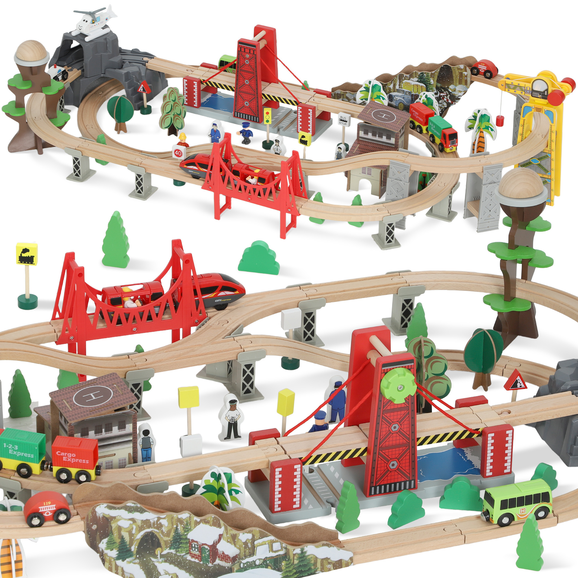 AIYAPLAY Holzeisenbahn Set 100 Stück Eisenbahn Set mit Elektrische Lok Zügen Grundplatte, Schienen Kran Brücke Zugspielzeug Holzzug für Kleinkinder ab 3 Jahren Spielzeug für Kinder Jungen und Mädchen Aosom