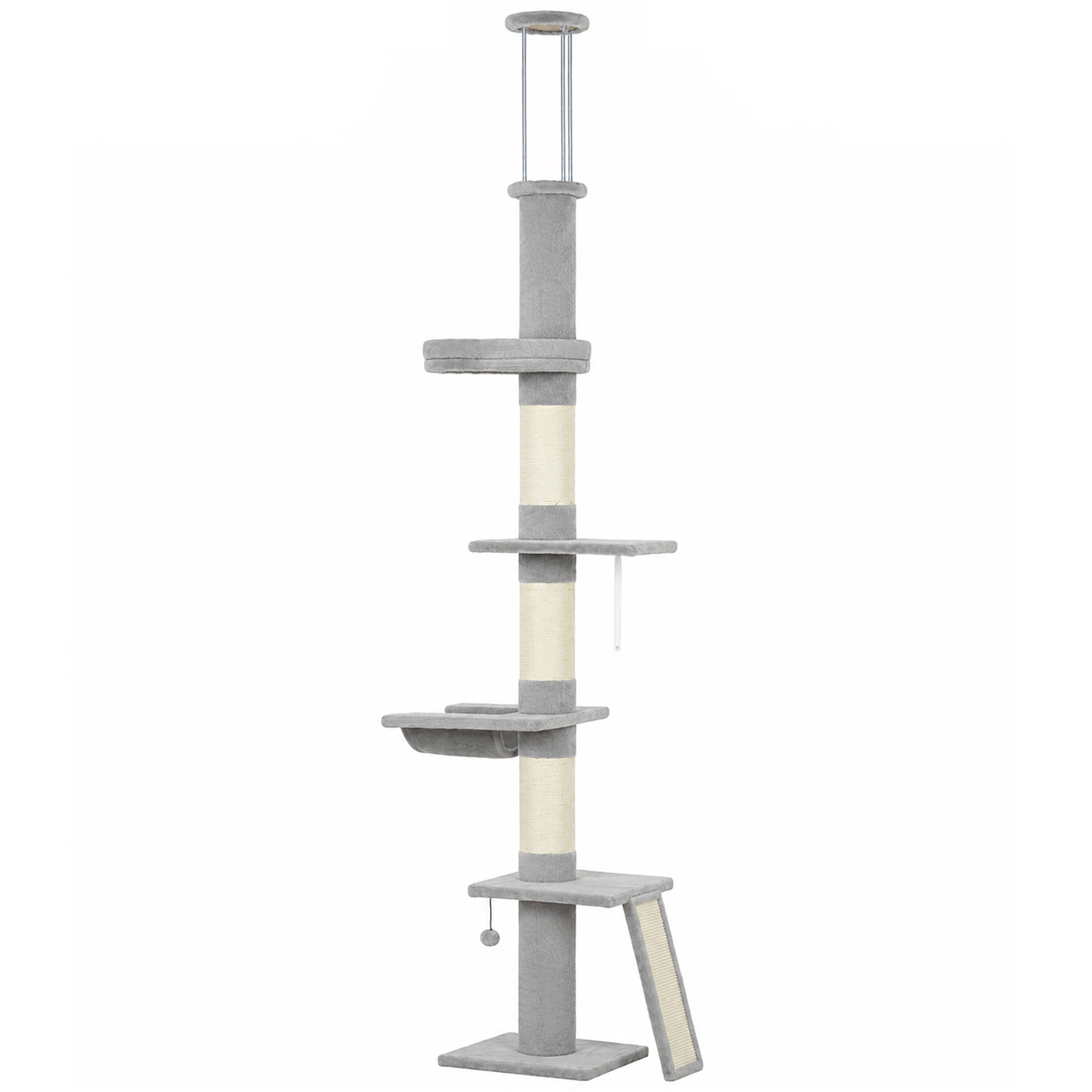 PawHut Kratzbaum Deckenhoch 230–260 cm höhenverstellbar Katzenbaum mit 5 Etagen 3 dicke Sisal-Kratzstämmen, Sisal-Kratzbrett Hängematte, Plattformen Leiter Katzenkratzbaum für Katze bis 5 kg Aosom