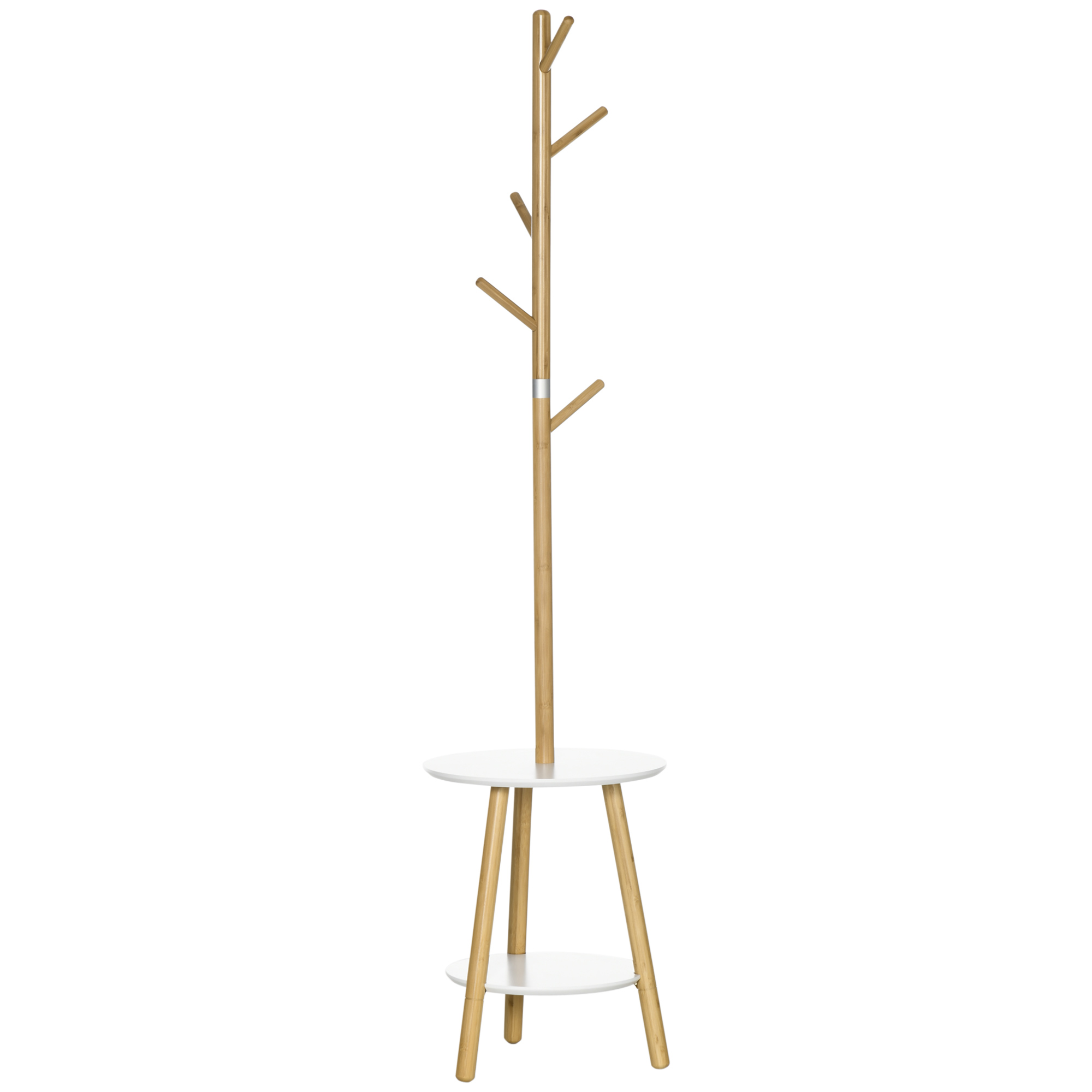 HOMCOM Garderobenständer Kleiderständer mit 5 Kleiderhaken & Beistelltisch, 171 cm Hoch, Natur+Weiß Aosom