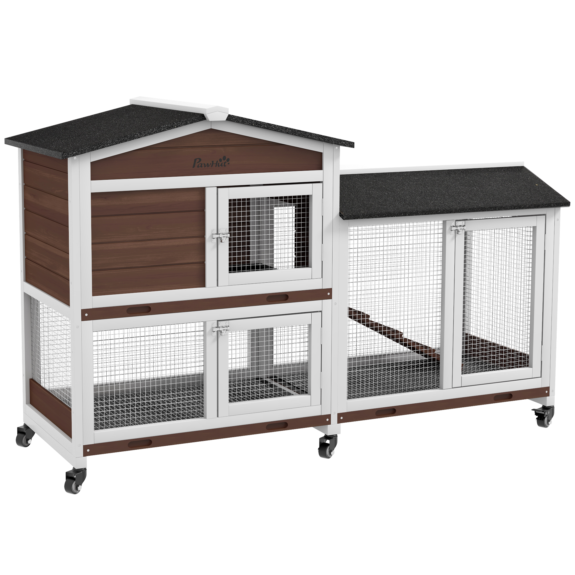 PawHut Hasenstall 2 Etagen Kaninchenstall aus Holz 157,4 x 53 x 99,5 cm Kaninchenkäfig mit wetterfest Bitumendach, Freilaufgehege, Rampe, Tür, Stahlgitter, Hasenkäfig für Kaninchen, Outdoor Braun Aosom