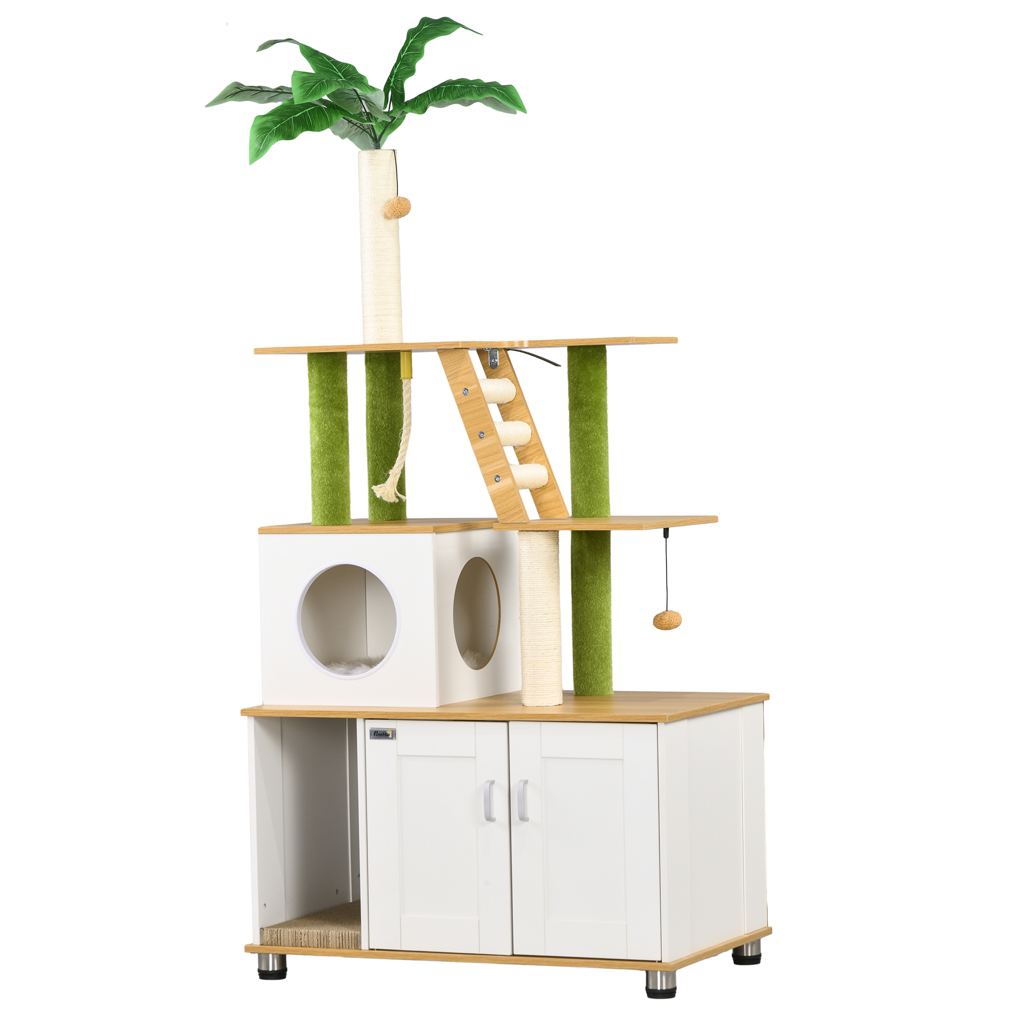 PawHut Katzenschrank für Katzentoilette, 2-in-1 Katzenbaum, 160 cm, mit Katzenhaus, Treppe, Kratzstamm, Spielball, Kratzmöbel mit großer Plattform, Eiche Aosom