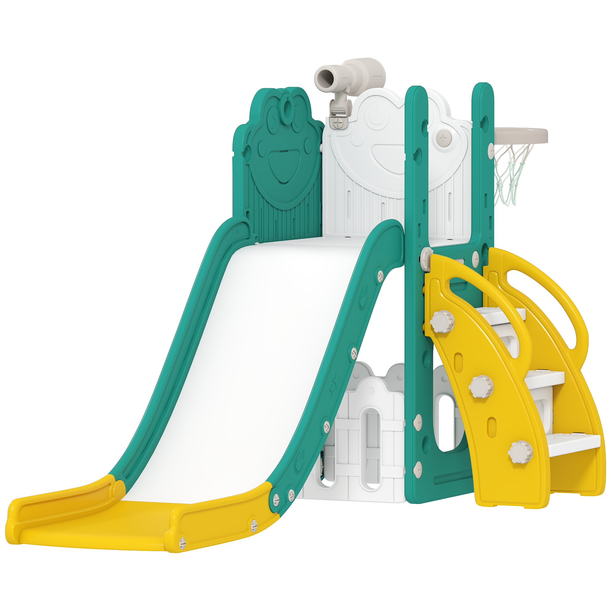 AIYAPLAY Kinderrutsche 5 in 1 Indoor und Outdoor Babyrutsche mit Basketballkorb, Klettergerüst, Spielteleskope, Stauraum, Frosch-Motiv Spielplatz für Kleinkinder 1-3 Jahre, Gelb Aosom