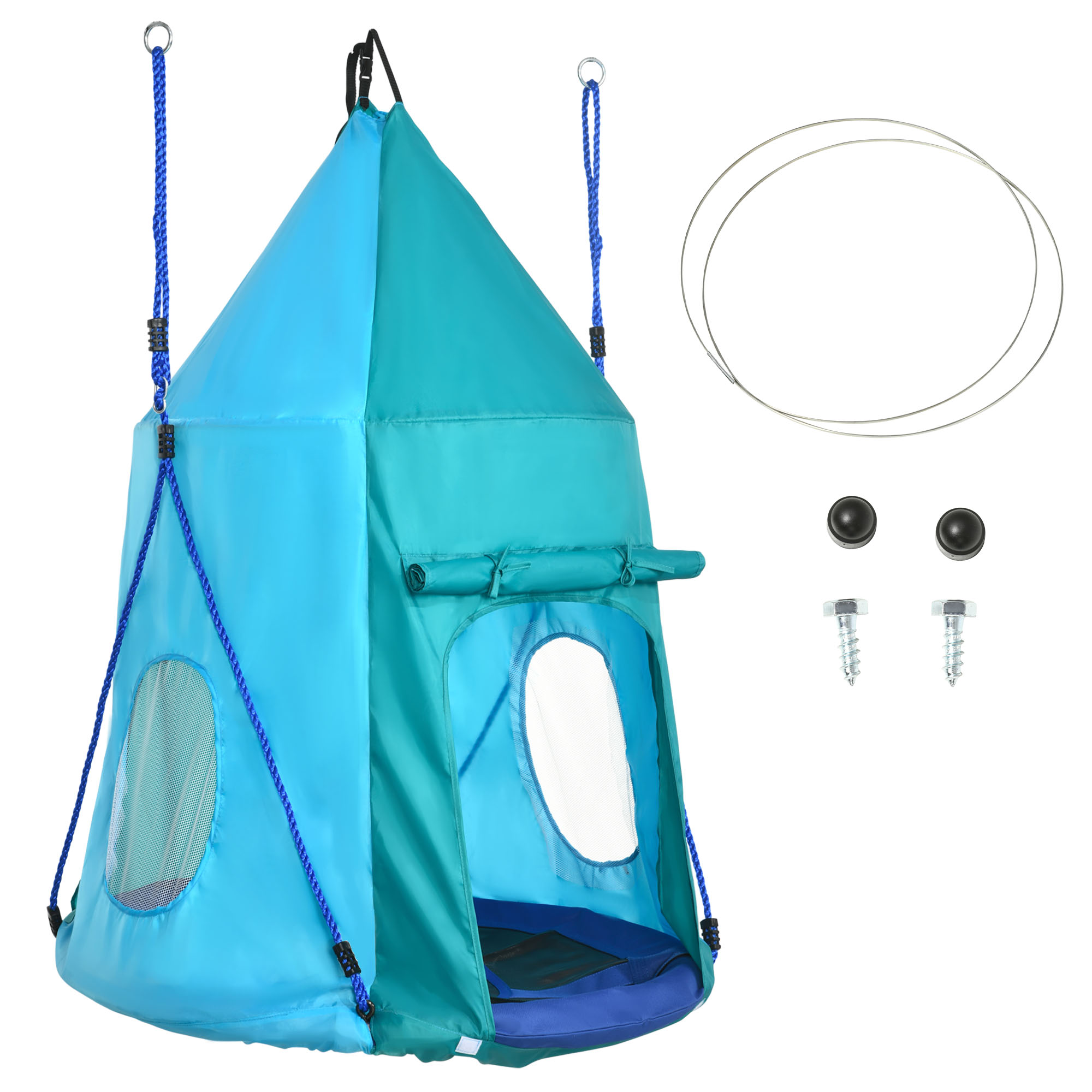 Outsunny Nestschaukel mit Zelt, Ø100 cm Gartenschaukel, Kinderschaukel mit Fenster und längenverstellbaren Seilen, Tellerschaukel für Kinder, wasserdichtes Zelt, bis 150 kg belastbar, Blaugrün Aosom
