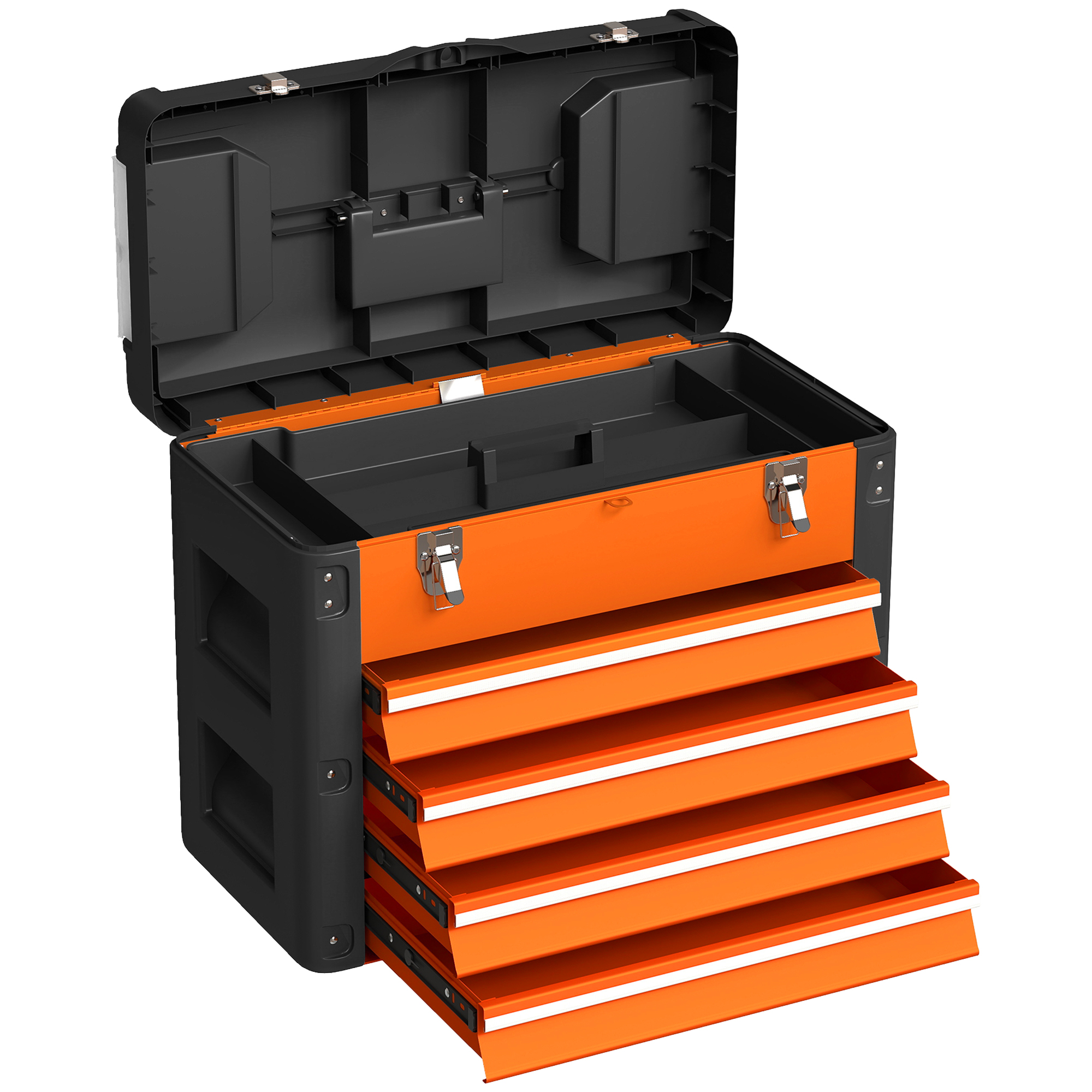HOMCOM Werkzeugkiste leer, 49,7 x 25,3 x 40,7 cm Werkzeugkasten mit 4 Schubladen, Mini-Box, oberes Staufach, Handgriff, Werkzeugkoffer aus Stahl, Orange Aosom
