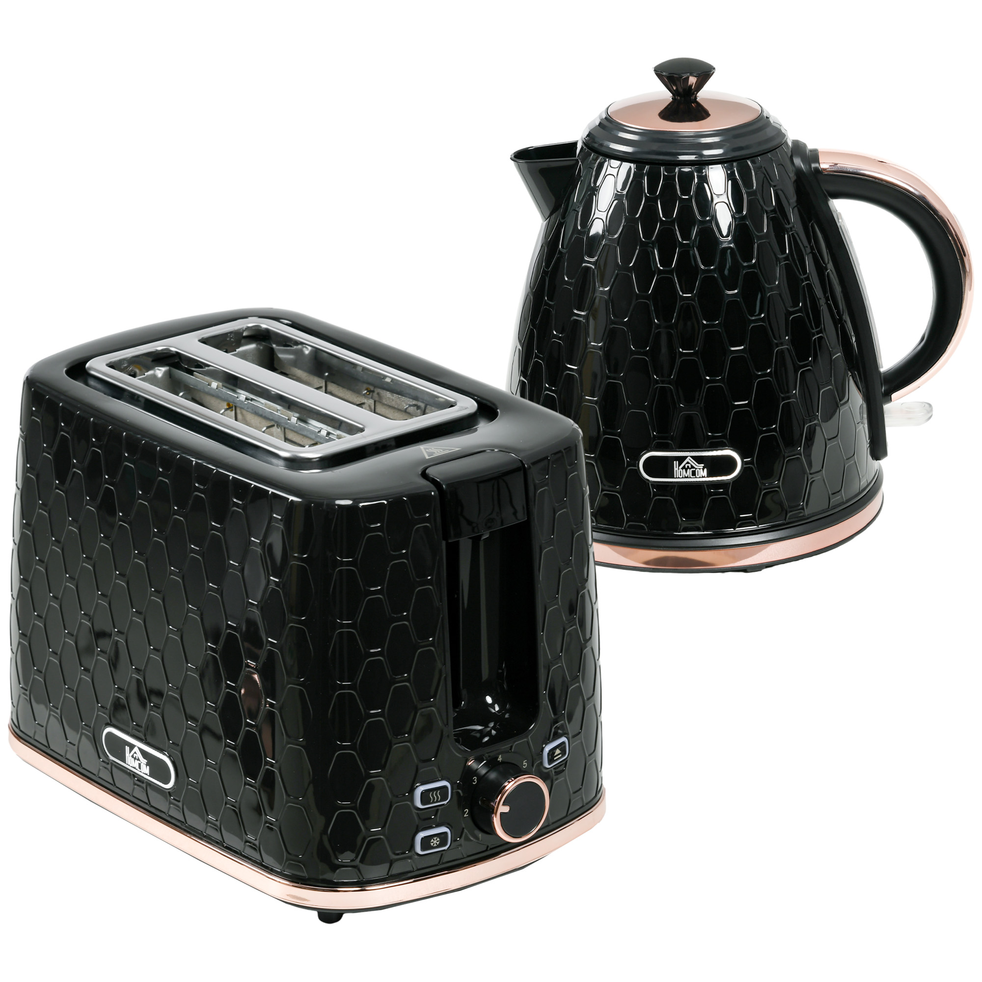 HOMCOM Wasserkocher Toaster Set 2200 W 1,7L Wasserkocher, 2 Scheiben Toaster, 7 Bräunungsstufen, Aufwärmen und Auftauen, Frühstück-Set mit Kalkfilter & Krümelfach UK Otter Thermostat Schwarz Aosom