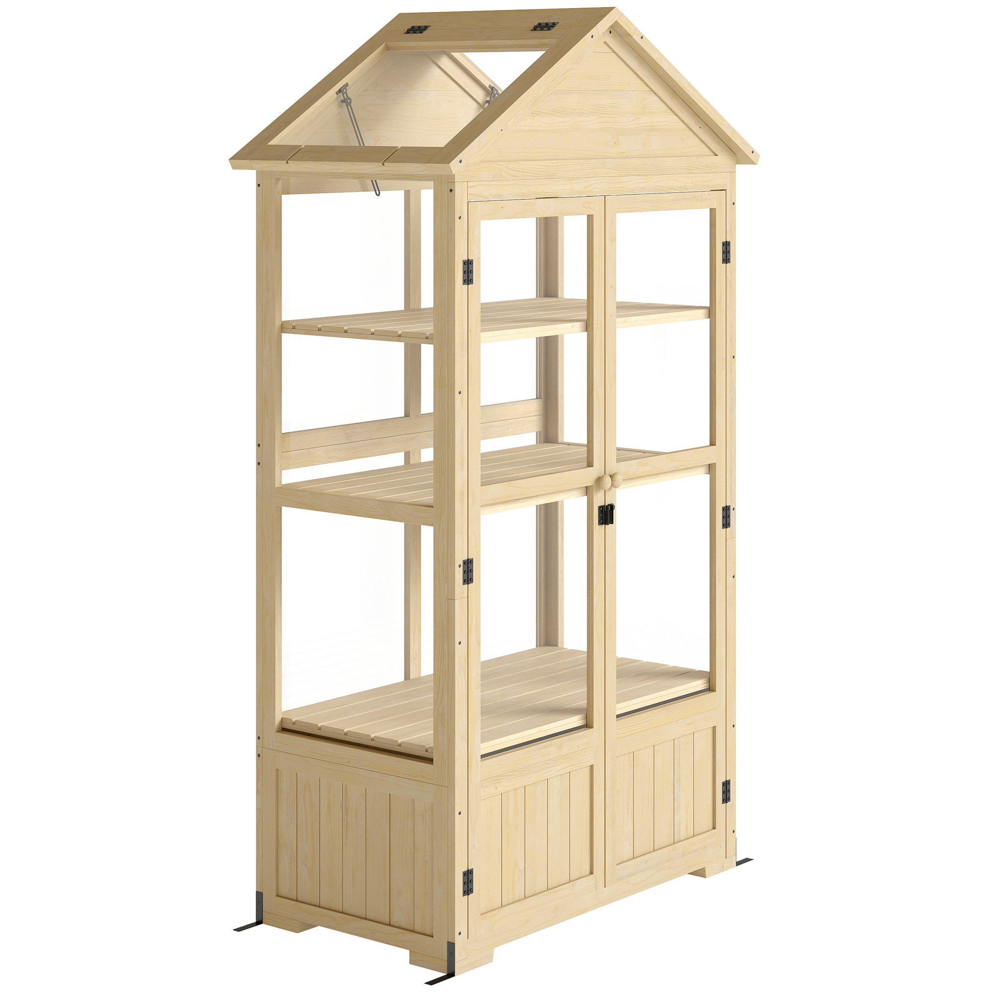 Outsunny Gewächshaus Holz abschließbar Frühbeet mit 4 Ebenen Dachfenster Doppeltür für Garten Balkon Natur Aosom.de