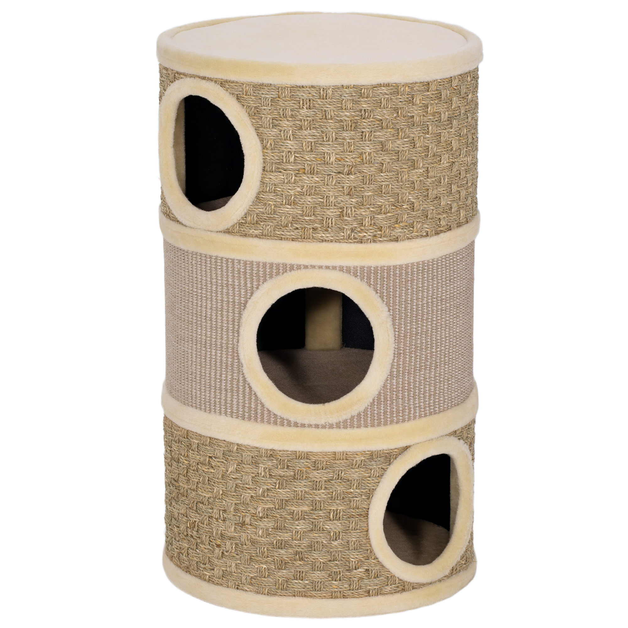 PawHut Kratztonne für Katzen 79 cm Hoch Ø 45 cm Katzentonne mit 3 Etagen Sisalseil, Plüsch Katzenhöhle, Kratzbaum für große Katzen, Khaki+Kaffee Aosom