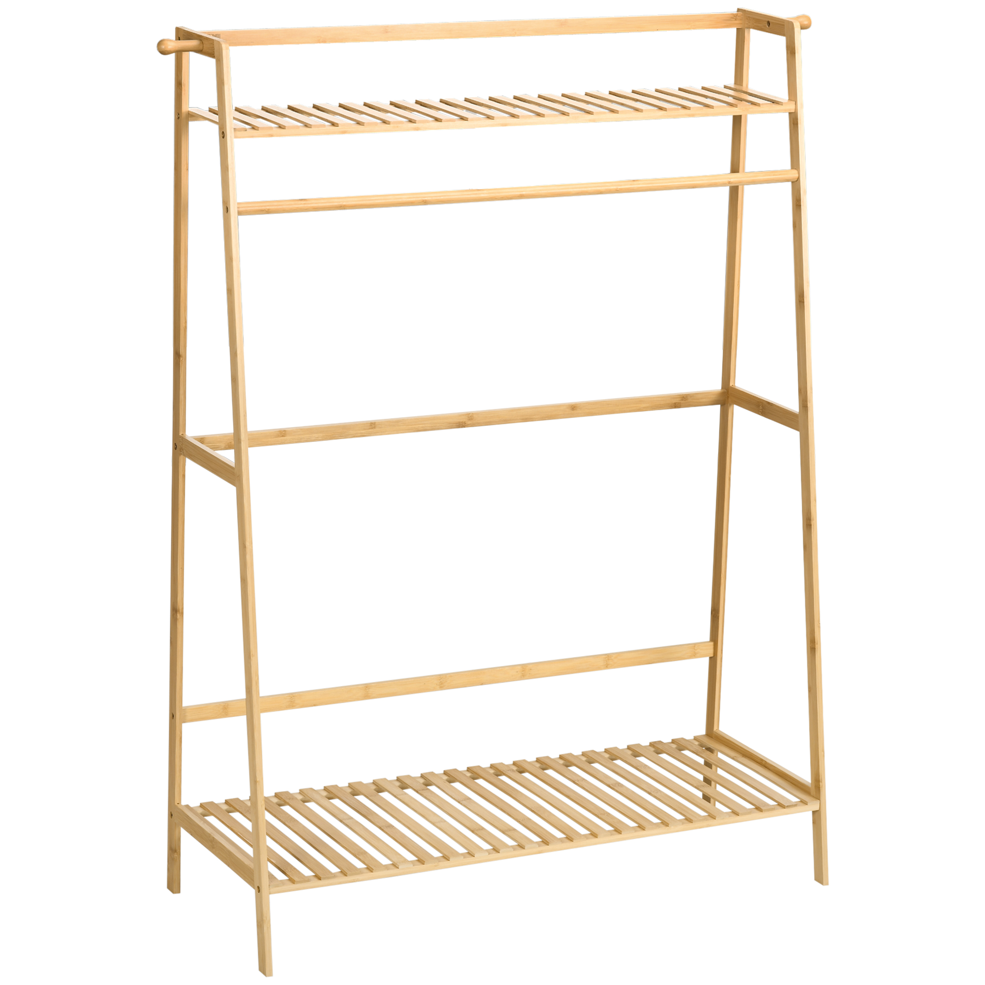 HOMCOM Kleiderständer Garderobe mit 2 Regalen, 2 Haken und 1 Kleiderstange aus Bambus - Maße 114L x 40B x 139H cm Naturholz Aosom