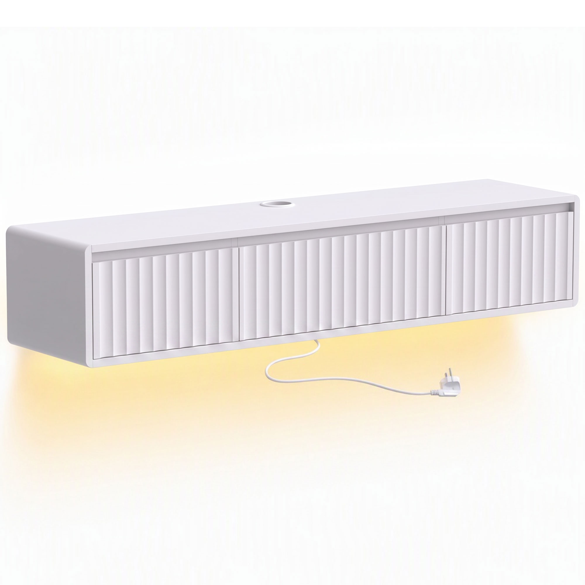 HOMCOM Hängendes TV-Möbel 120 cm mit LED-Beleuchtung und Steckdosen, TV-Möbel für Fernseher bis 165,1 cm, gerillte Klapptür und 2 Schubladen, Wand-TV-Bank für Wohnzimmer, Schlafzimmer, Weiß Aosom