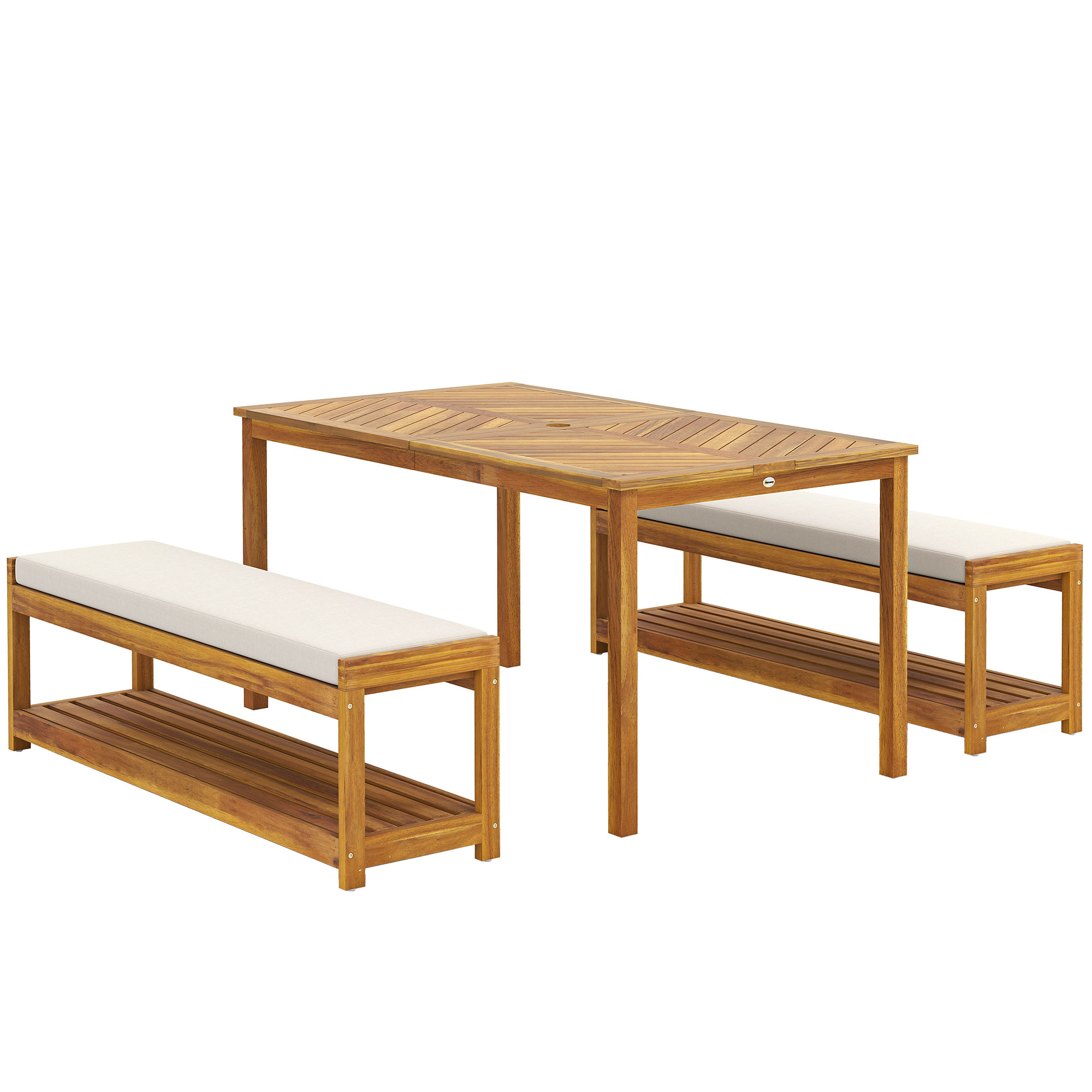 Outsunny 3 tlg. Gartenmöbel-Set Akazienholz Sitzgarnitur inkl. 1 Esstisch mit Schirmloch, 2 Bänke, Balkonmöbel-Set, Gartengarnitur für Balkon, Terrasse, Teak Aosom