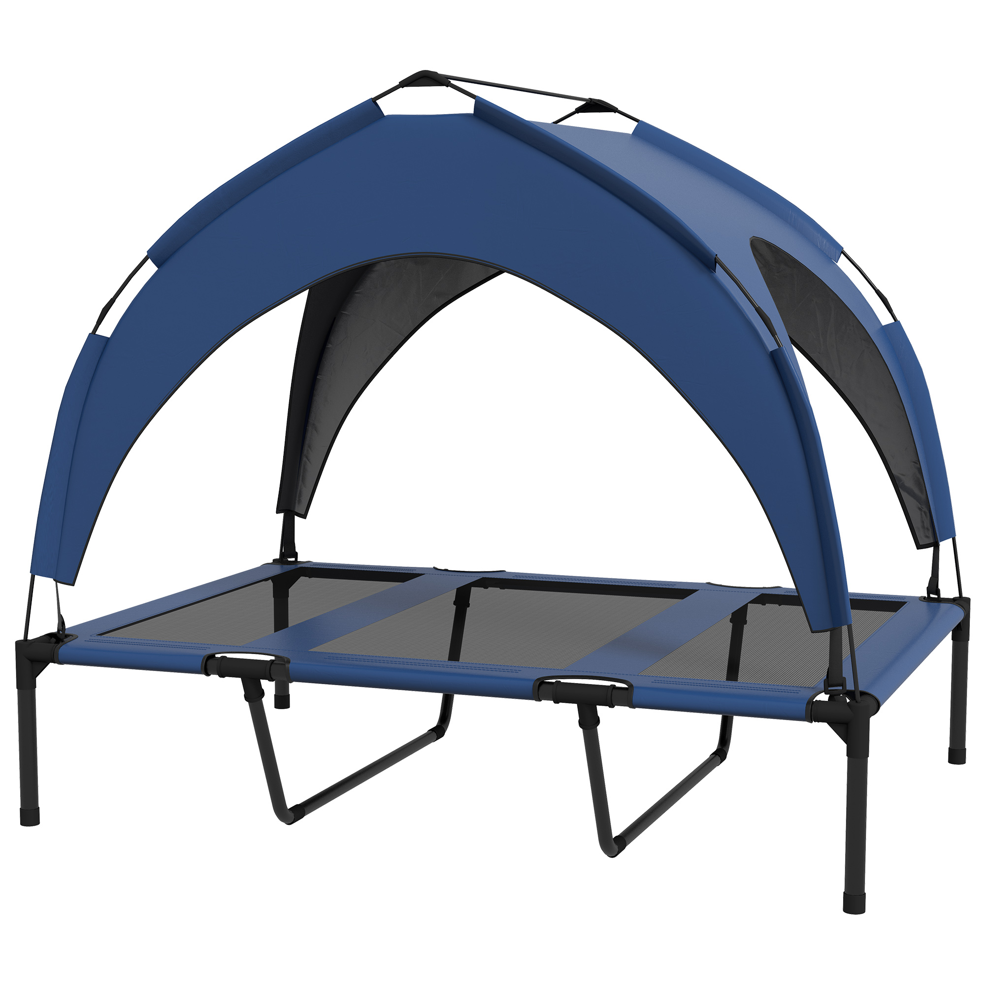 PawHut Hundebett  Erhöhtes Outdoor-Haustierbett mit Baldachin, atmungsaktiv, ideal für große Hunde, Dunkelblau Oxford, 106x76x94cm  Aosom