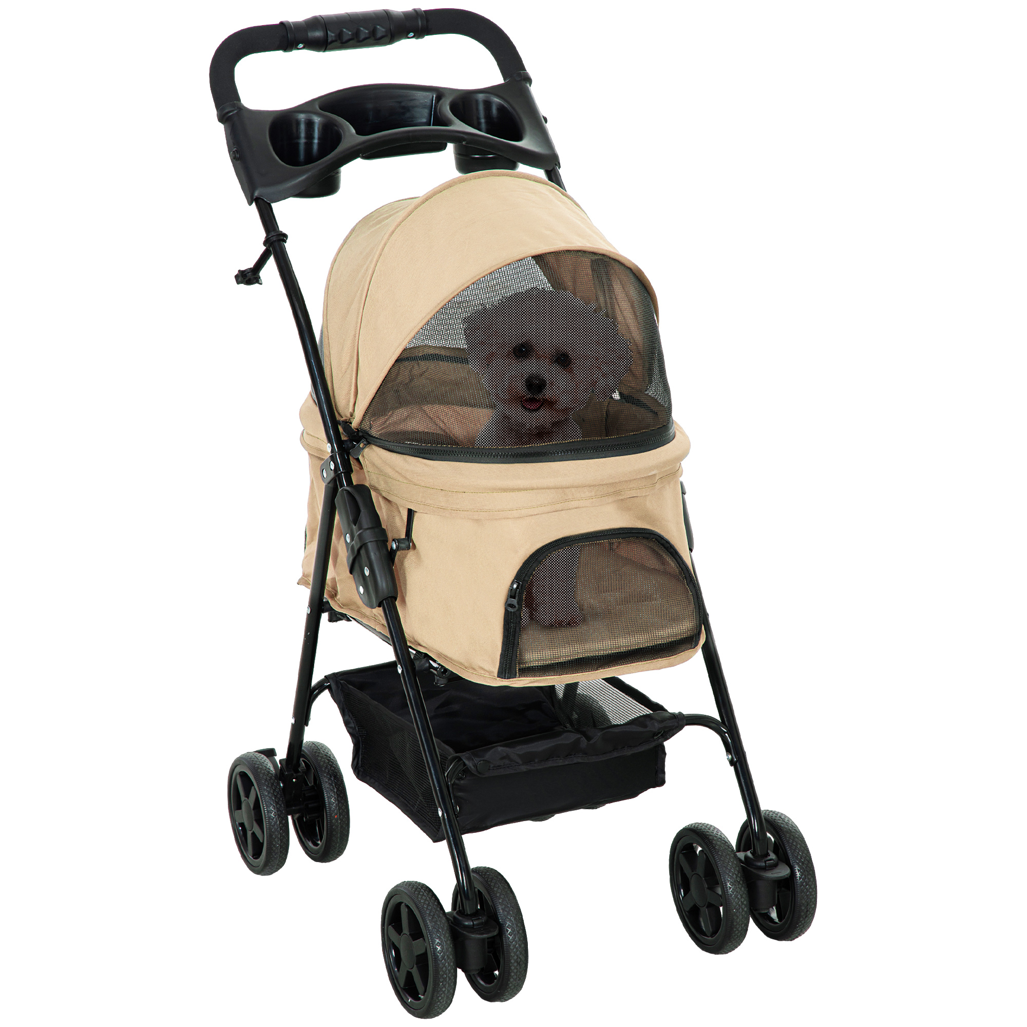 PawHut Hundewagen Hundebuggy Klappfunktion Pet Stroller für kleine Hunde Katzen Haustierwagen Oxford Khaki 67x45x96cm Aosom.de