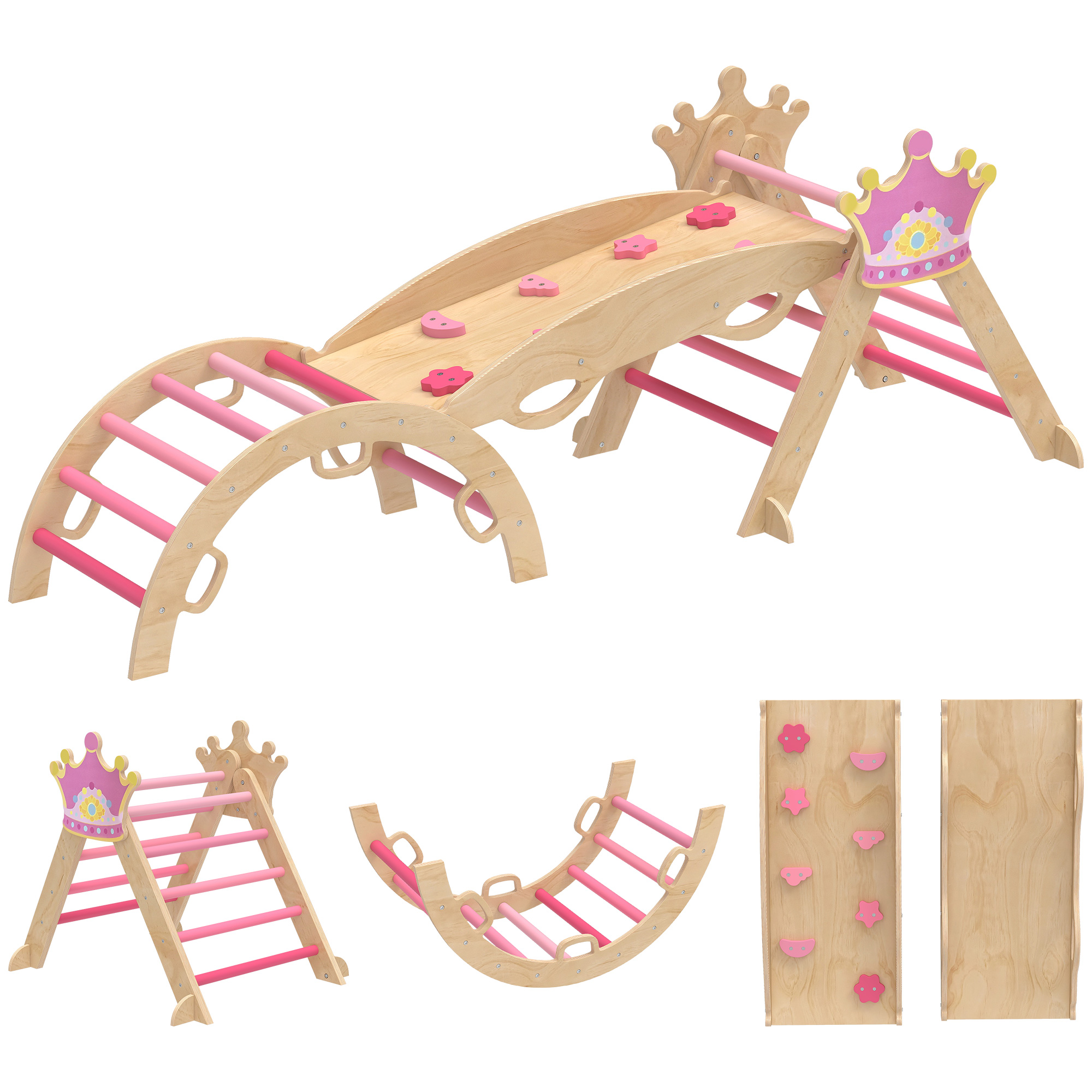 AIYAPLAY 8-in-1 Montessori Klettergerüst Indoor Holz Kletterdreieck mit Kletterbogen, Rutsche, Kronenmotiv, Indoor Spielplatz mit Rampe, Schaukelbogen, für Kinder von 1,5-4 Jahre, Rosa Aosom