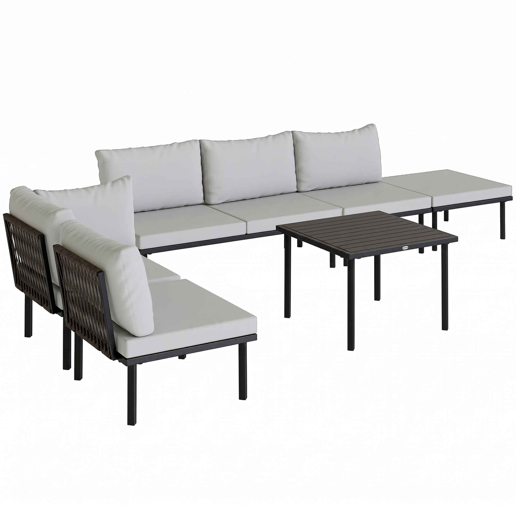 Outsunny Lounge Gartenmöbel Set 5-6 Personen Gartenlounge Set mit 2 Sitzer Gartensofa 2 Stühle Eckstuhl Lamell-Tisch Fußhocker dicke Kissen, Balkonmöbel Ecksofa Outdoor Sitzgruppe Hellgrau Aosom