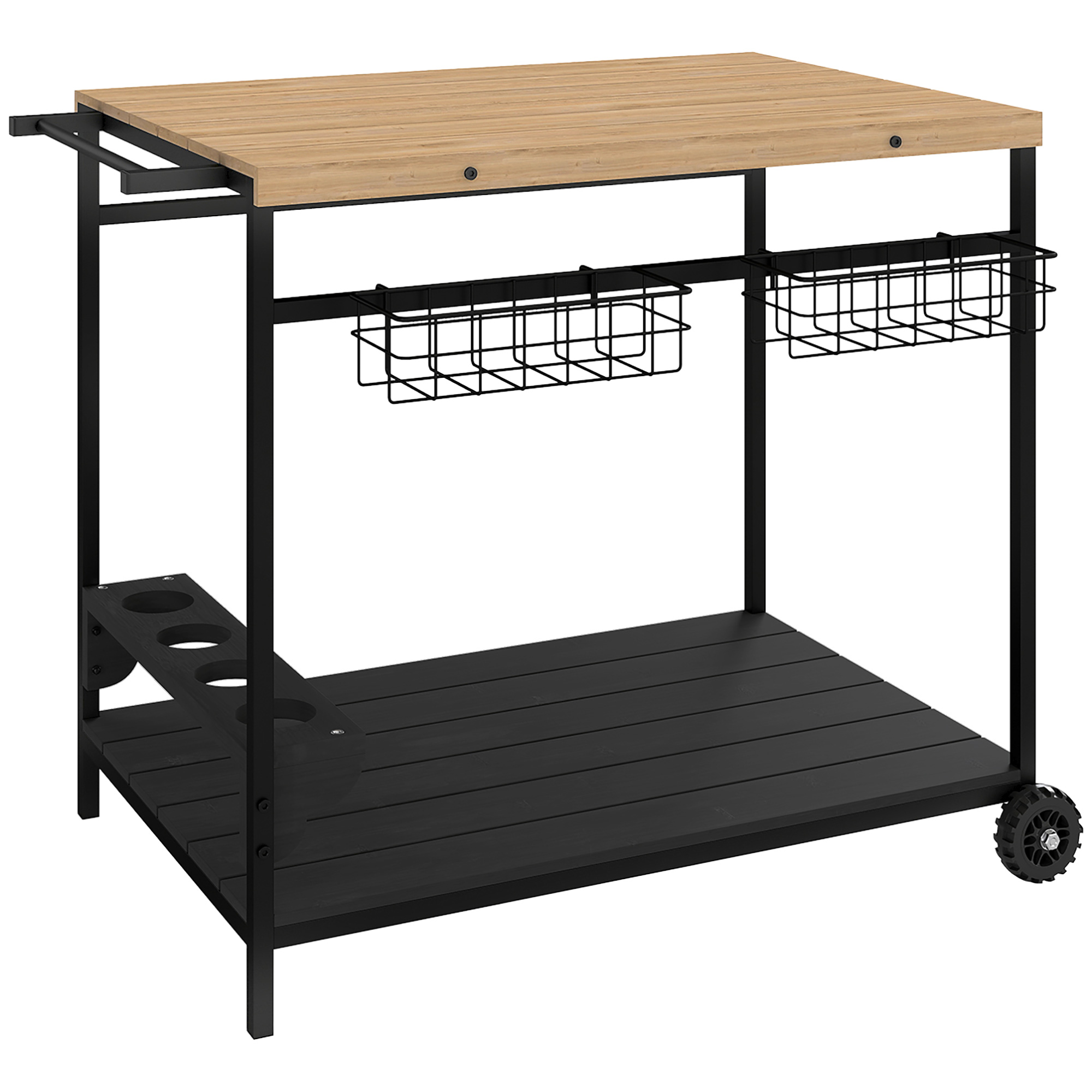 Outsunny Servierwagen Gartenrollwagen mit 2 Ebenen Barbecue Trolley mit Aufbewahrungskorb und Becherhalter aus Tanne für Grillpartys & Küche Aosom.de