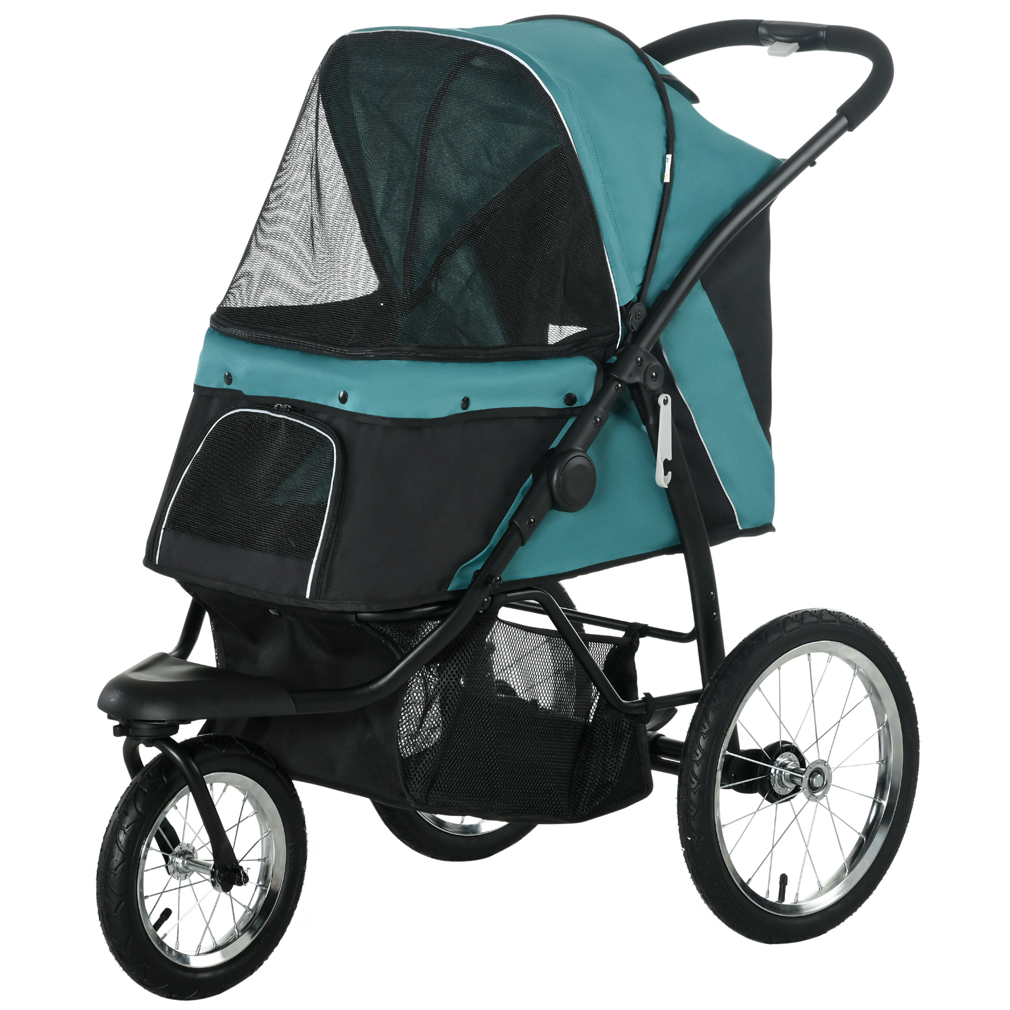 PawHut Hundewagen Hundebuggy klappbar für Hunde & Katzen bis 20 kg Katzenbuggy mit geländegängige Gummiräder Kissen Netzfenstern Türen Katzenwagen mit Aufbewahrungskorb Buggy Dunkelgrün Aosom