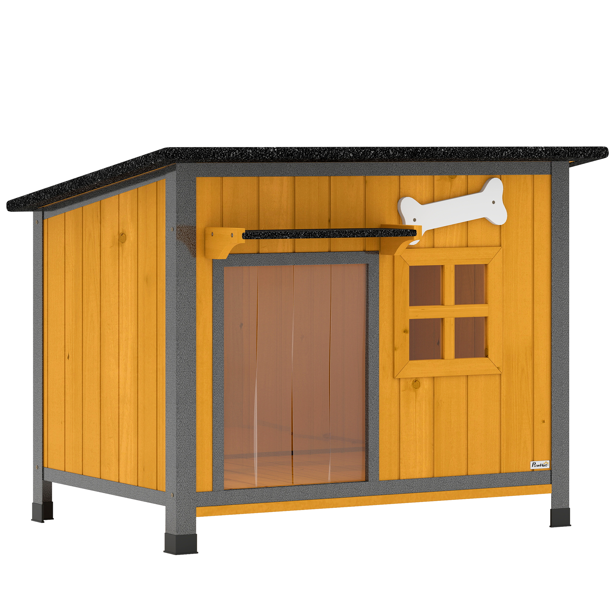 PawHut Hundehütte mit kausicherem Stahlrahmen, Holz-Hundehütte mit öffnendem Dach, herausziehbarem Boden, Türvorhang und wetterfester Schutz für draußen und drinnen Aosom