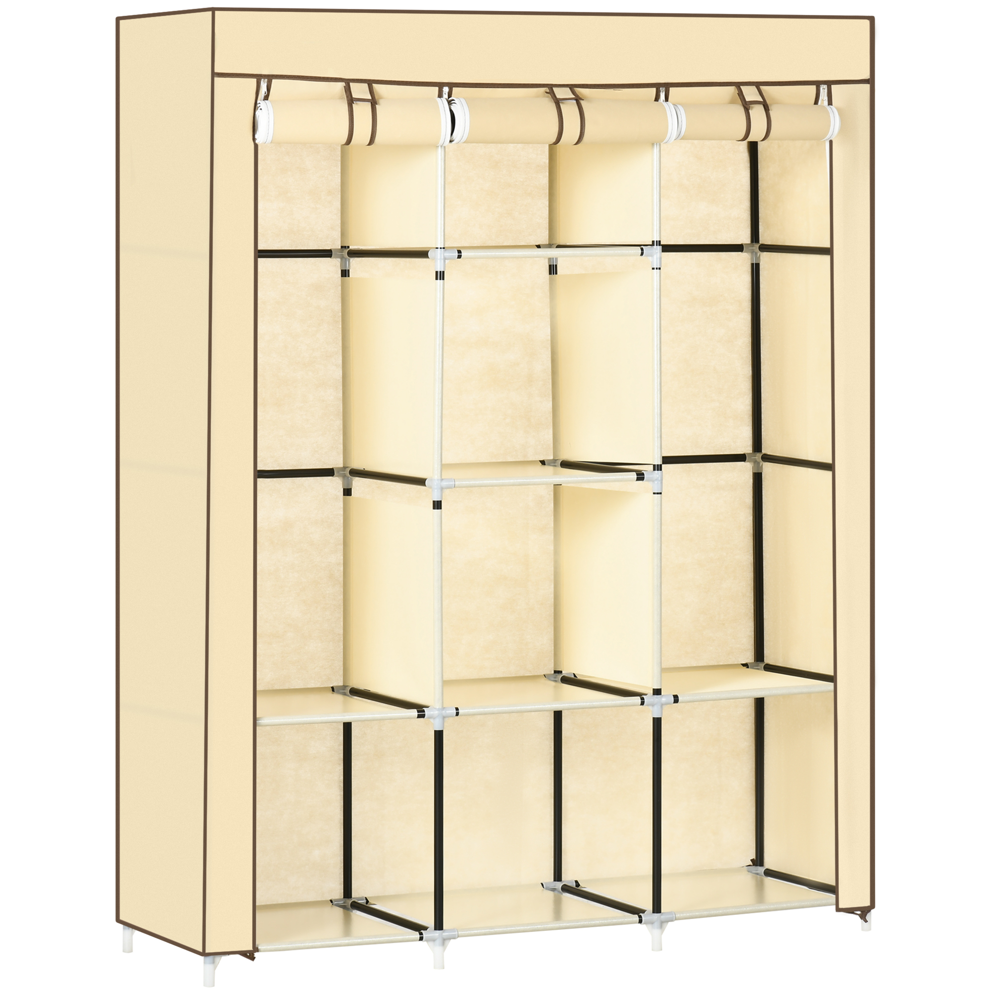 HOMCOM Stoffschrank Kleiderschrank mit 8 Ebenen & Kleiderstangen, Faltschrank aus Vliesstoff in Beige, 125x43x162,5cm für platzsparende Aufbewahrung Aosom.de