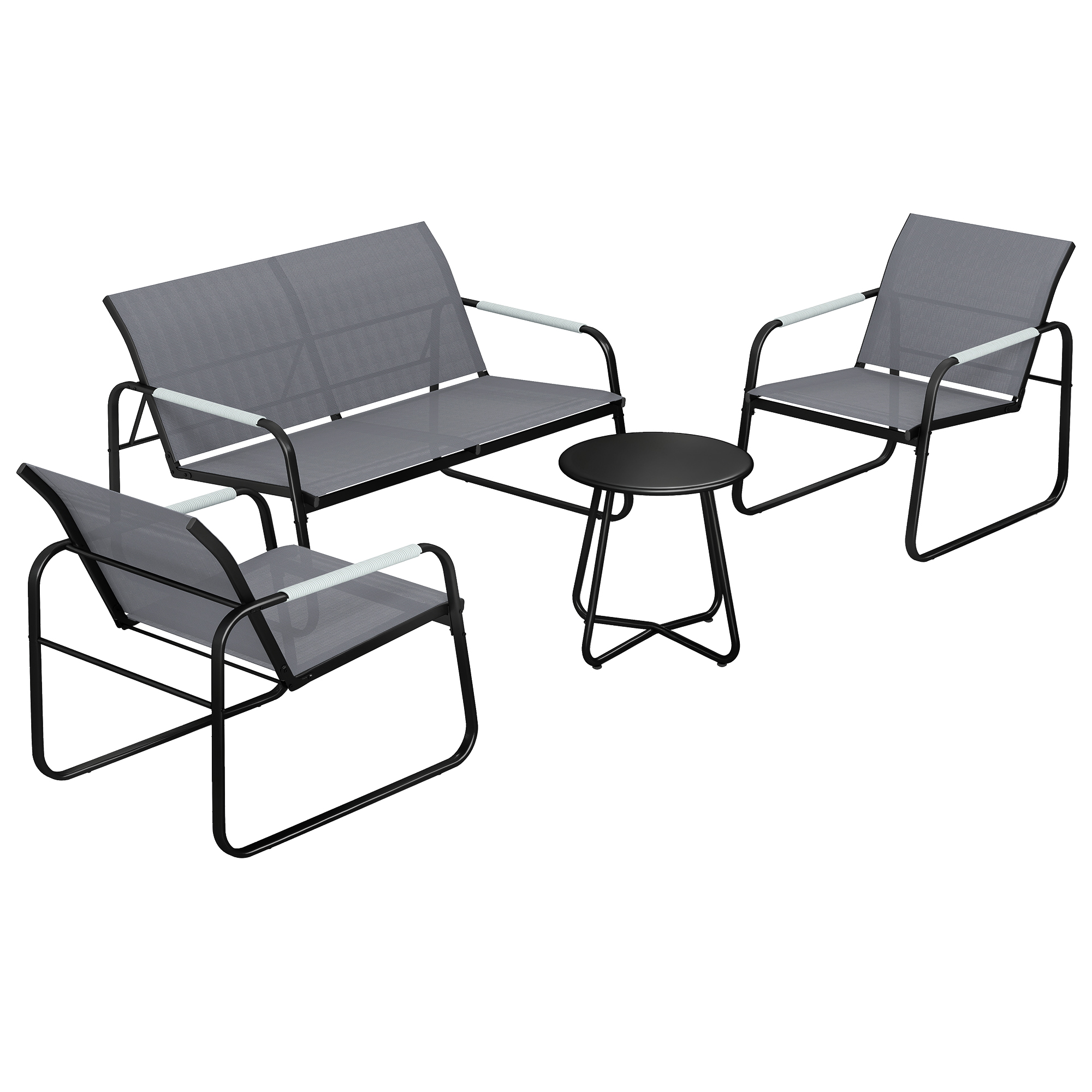 Outsunny Gartenmöbel Set Sitzgruppe für 4 Personen Atmungsaktiv Gartenlounge mit 2er Sofa 2 Sessel Seilflecht Rund Tisch Fußpads, Wetterfest Outdoor Balkonmöbel Terrassenmöbel für Garten Balkon Grau Aosom